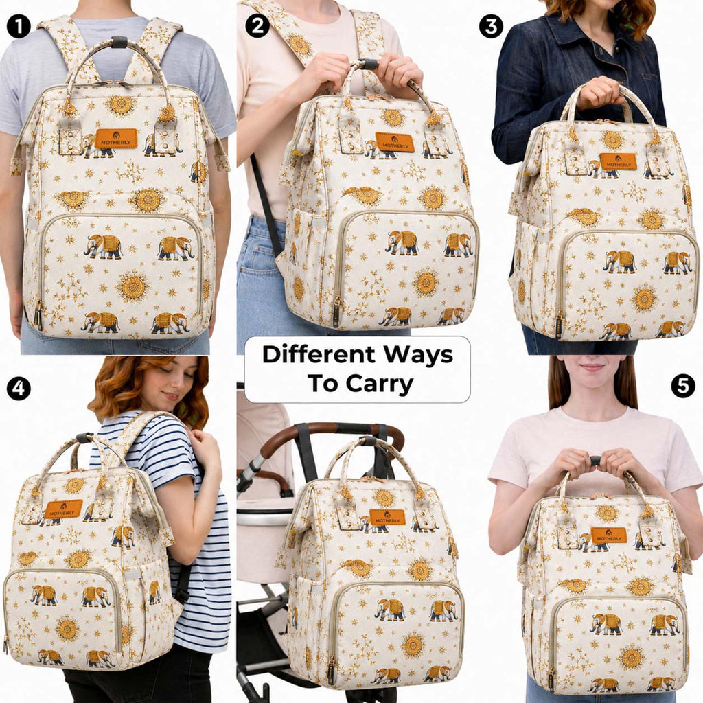 Motherly Imperial Diaper Bag Backpack | Elegant Elephant Print Maternity & Baby Travel Bag | Waterproof Diaper Bag with Insulated Pockets, Large Capacity & Premium Organization(Imperial Series, Cream)