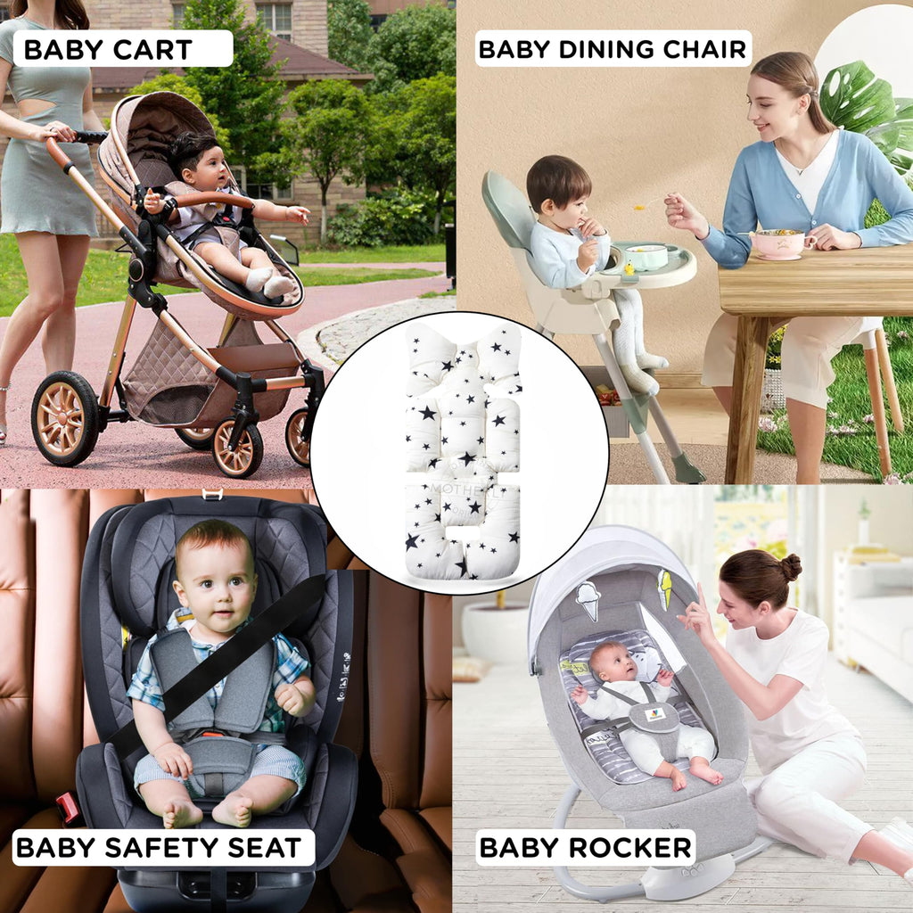 Motherly Baby Stroller Seat Cushion | Reversible and Universal Fit Pad for Strollers, High Chairs, Car Seats & Rockers | Soft, Breathable Pram Liner with Secure Straps & Safety Belt Slot - grey-star