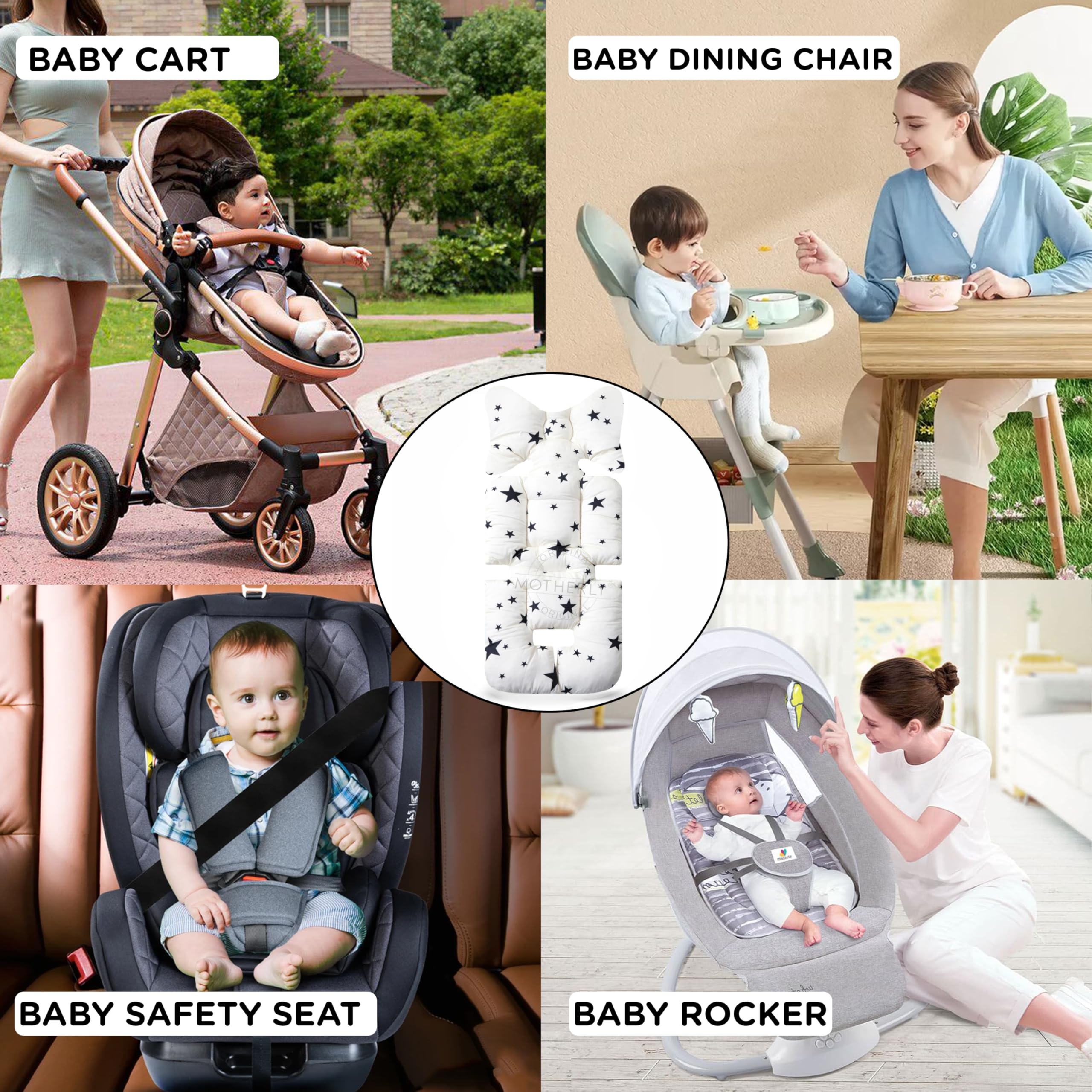 Motherly Baby Stroller Seat Cushion | Reversible and Universal Fit Pad for Strollers, High Chairs, Car Seats & Rockers | Soft, Breathable Pram Liner with Secure Straps & Safety Belt Slot - grey-star