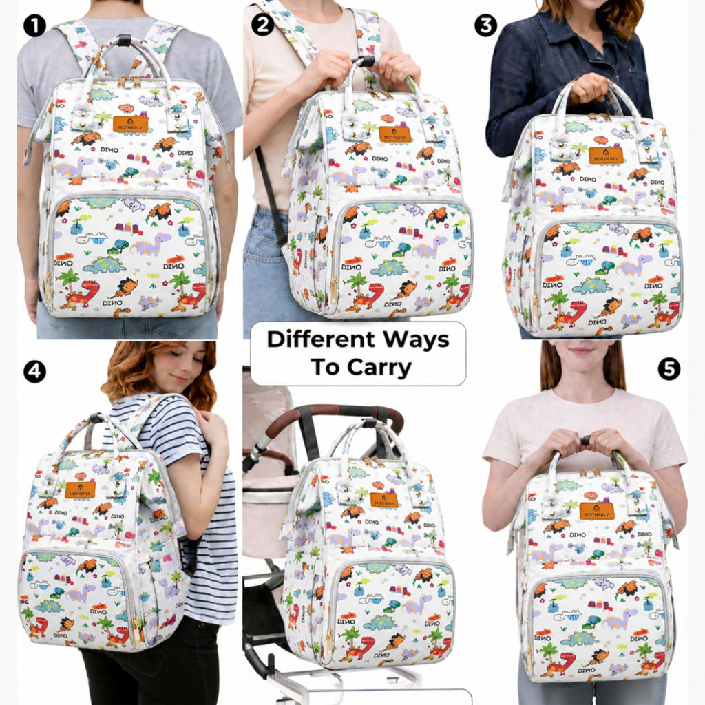 Motherly Patented Diaper Bag Backpack for Moms | Waterproof Baby Travel & Maternity Bag | Spacious Nappy Bag with Multiple Compartments, Insulated Bottle Pockets & Warranty (Kiddo Series, Dino)