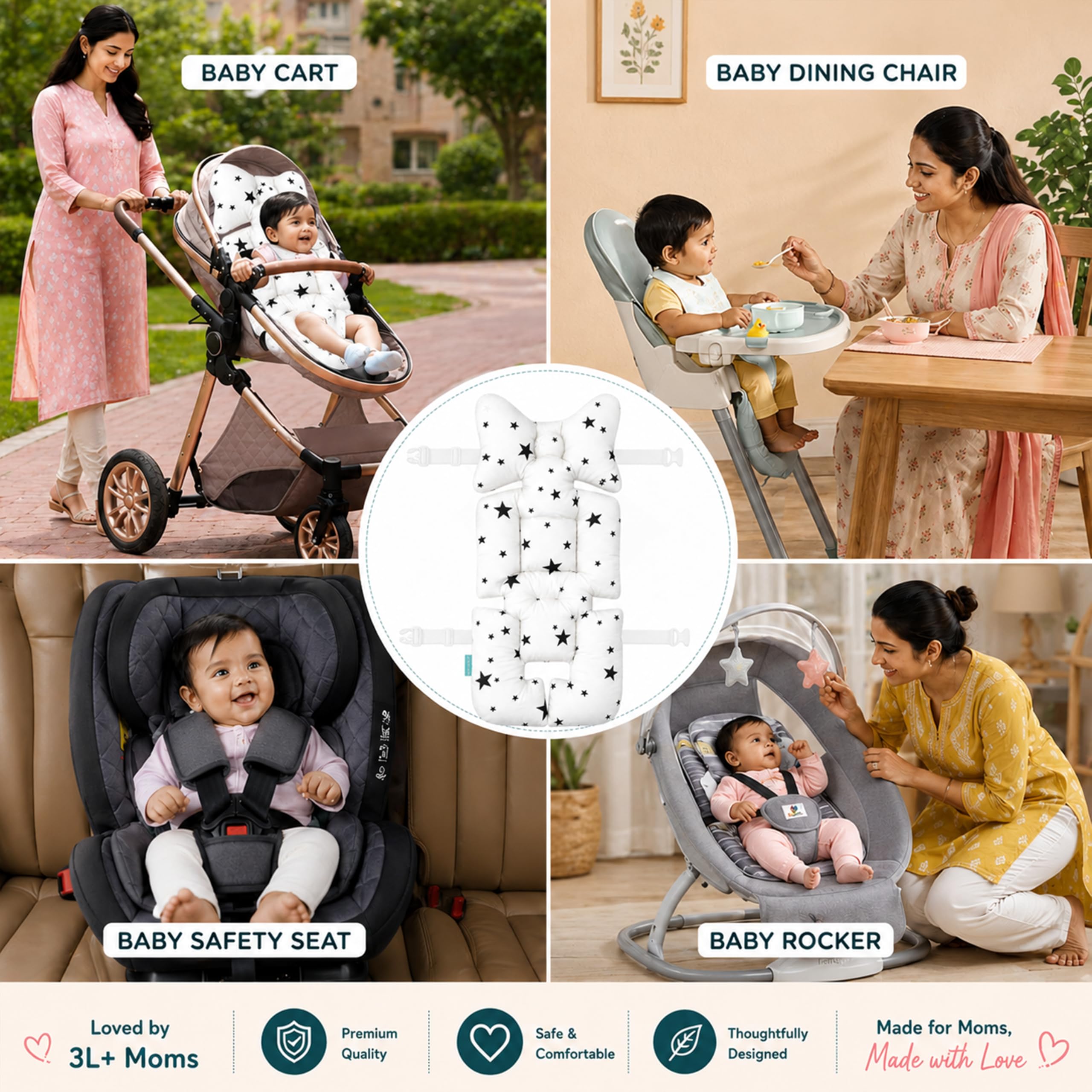 Motherly Baby Stroller Seat Cushion | Reversible and Universal Fit Pad for Strollers, High Chairs, Car Seats & Rockers | Soft, Breathable Pram Liner with Secure Straps & Safety Belt Slot - grey-star