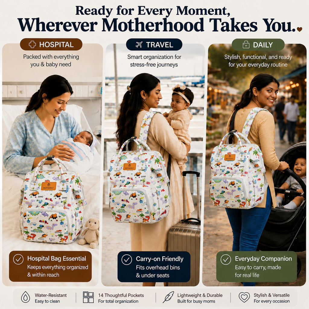 Motherly Patented Diaper Bag Backpack for Moms | Waterproof Baby Travel & Maternity Bag | Spacious Nappy Bag with Multiple Compartments, Insulated Bottle Pockets & Warranty (Kiddo Series, Dino)