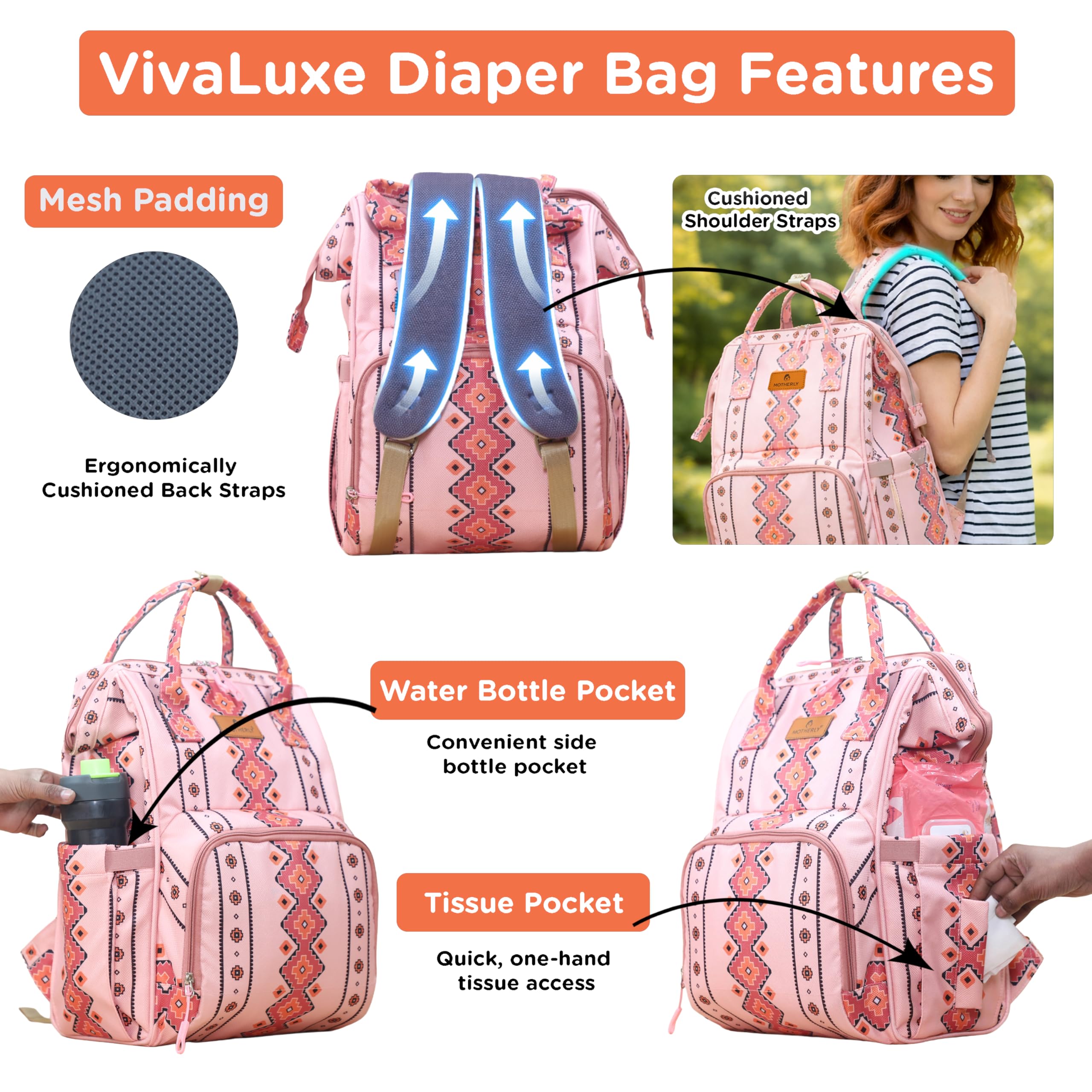 Motherly Patented Diaper Bag Backpack for Moms | Waterproof Baby Travel & Maternity Bag | Spacious Nappy Bag with Multiple Compartments, Insulated Bottle Pockets & Warranty (Ethnic Series, Pink)