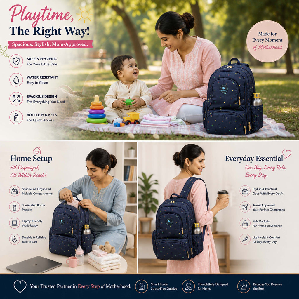 Motherly Elite Diaper Bag for Mothers for Travel, Maternity Bag for Newborn Baby, Mother Travelling Bag, Multiple Pocket Water Resistant Hospital Bag for moms with complimentary offers (Blue Flower)