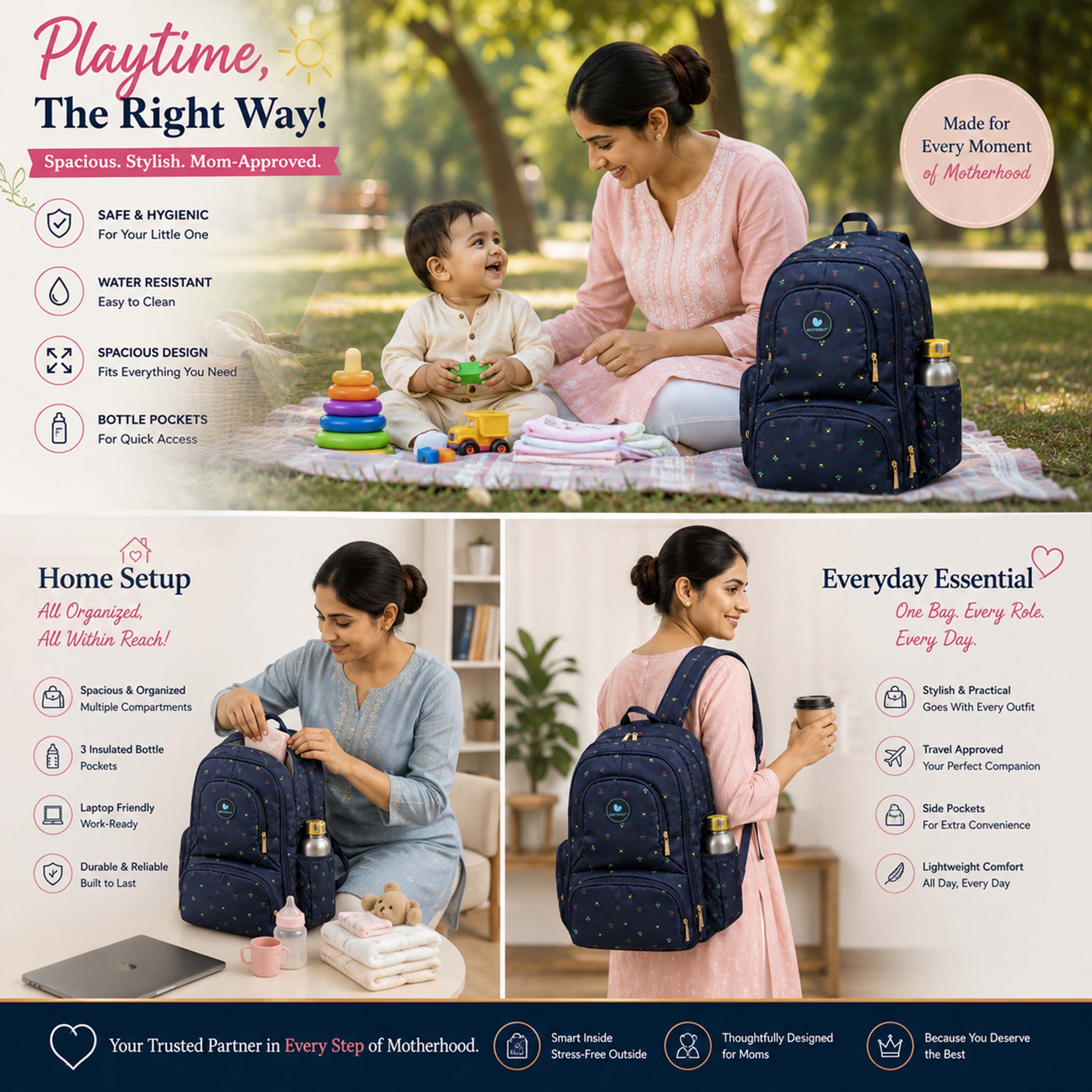 Motherly Elite Diaper Bag for Mothers for Travel, Maternity Bag for Newborn Baby, Mother Travelling Bag, Multiple Pocket Water Resistant Hospital Bag for moms with complimentary offers (Blue Flower)