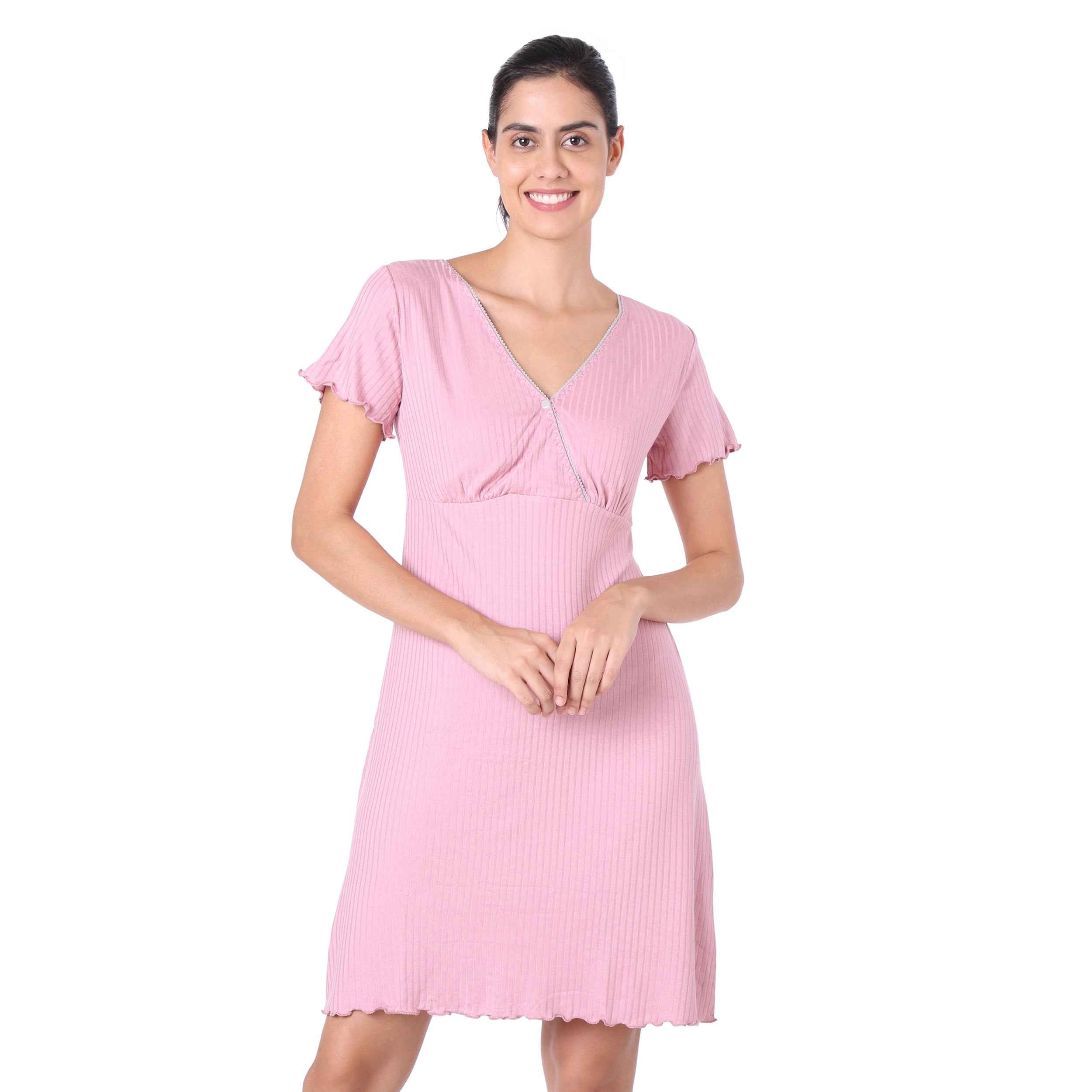 Motherly Women's Soft Modal Cotton Maternity Nursing Top and Skirt Loungewear (Large, Pink-Style4)