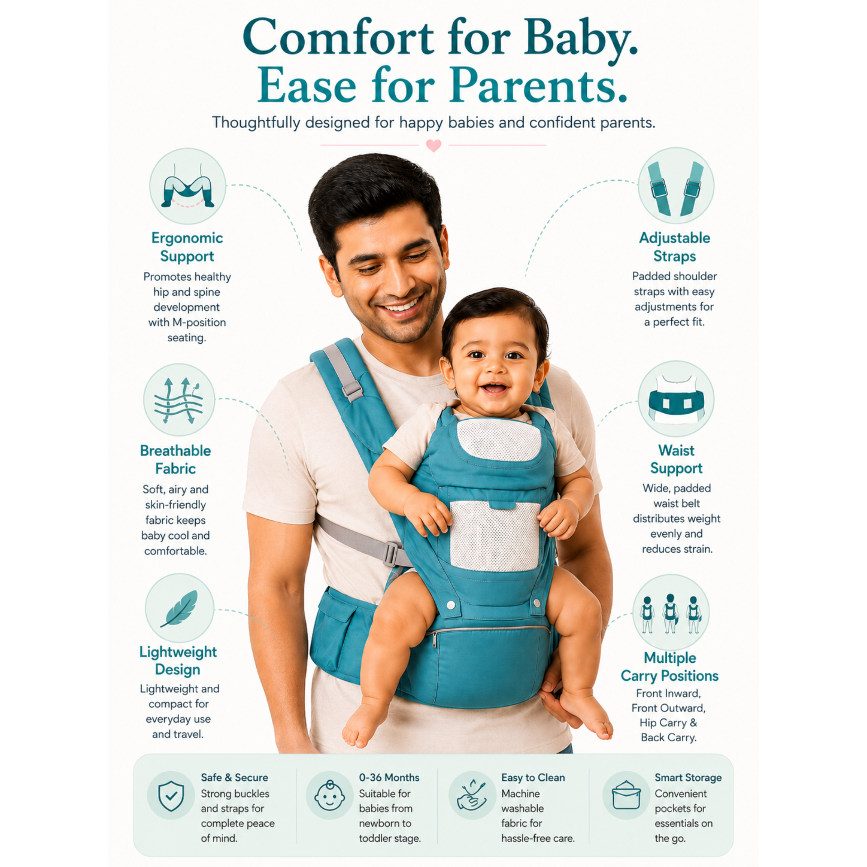 Motherly Embrace 6-in-1 Baby Carrier with Hip Seat & Head Support