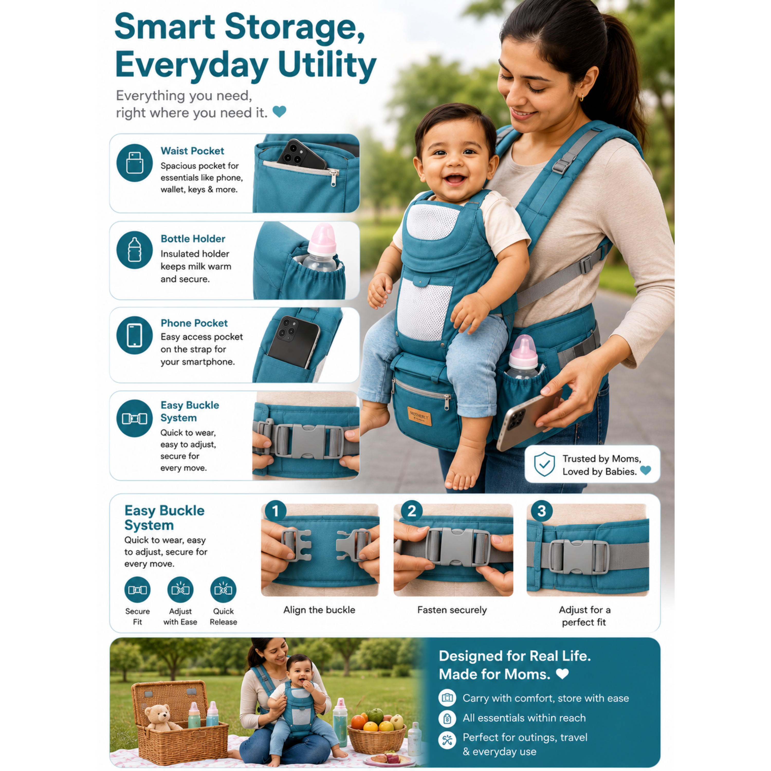 Motherly Embrace 6-in-1 Baby Carrier with Hip Seat & Head Support