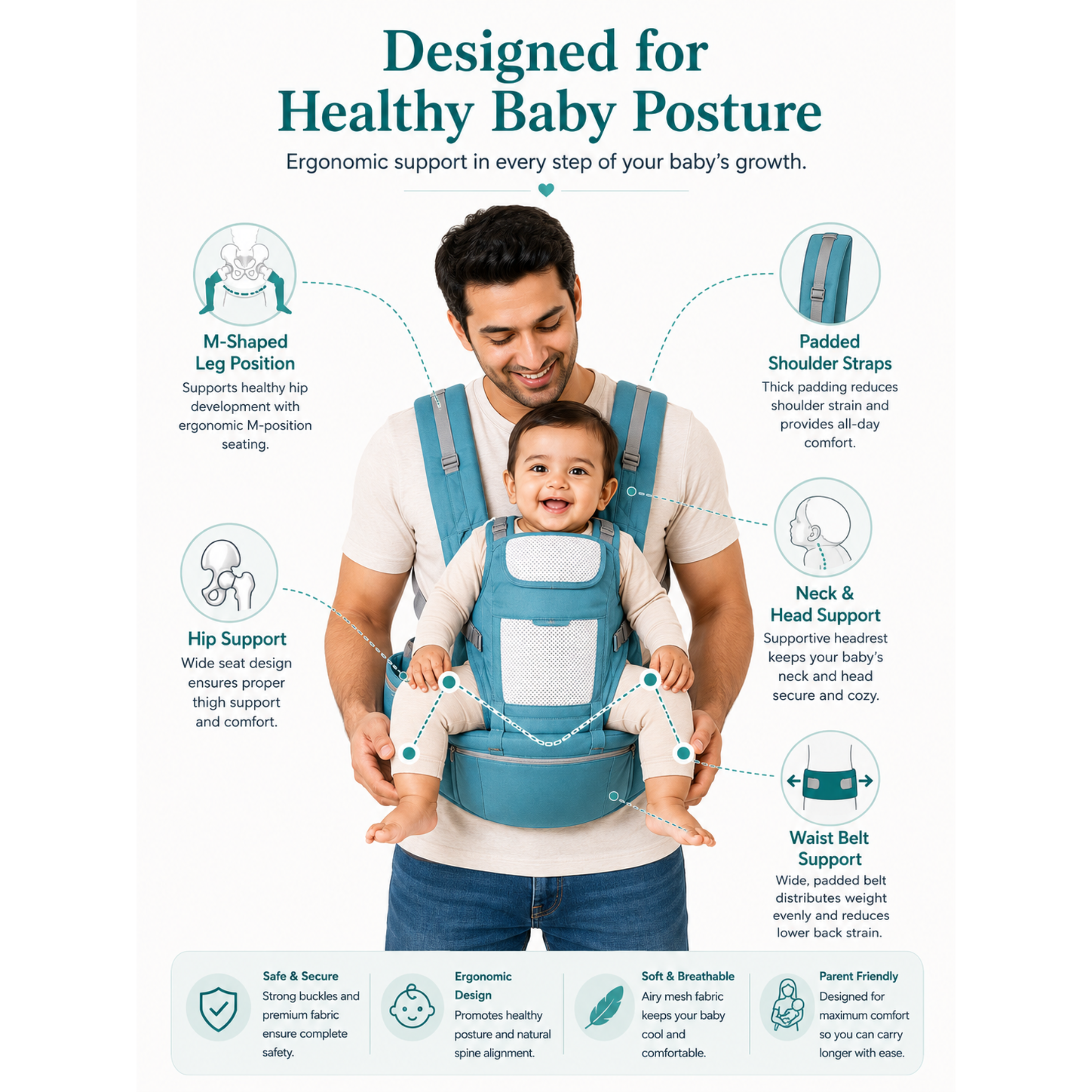 Motherly Embrace 6-in-1 Baby Carrier with Hip Seat & Head Support