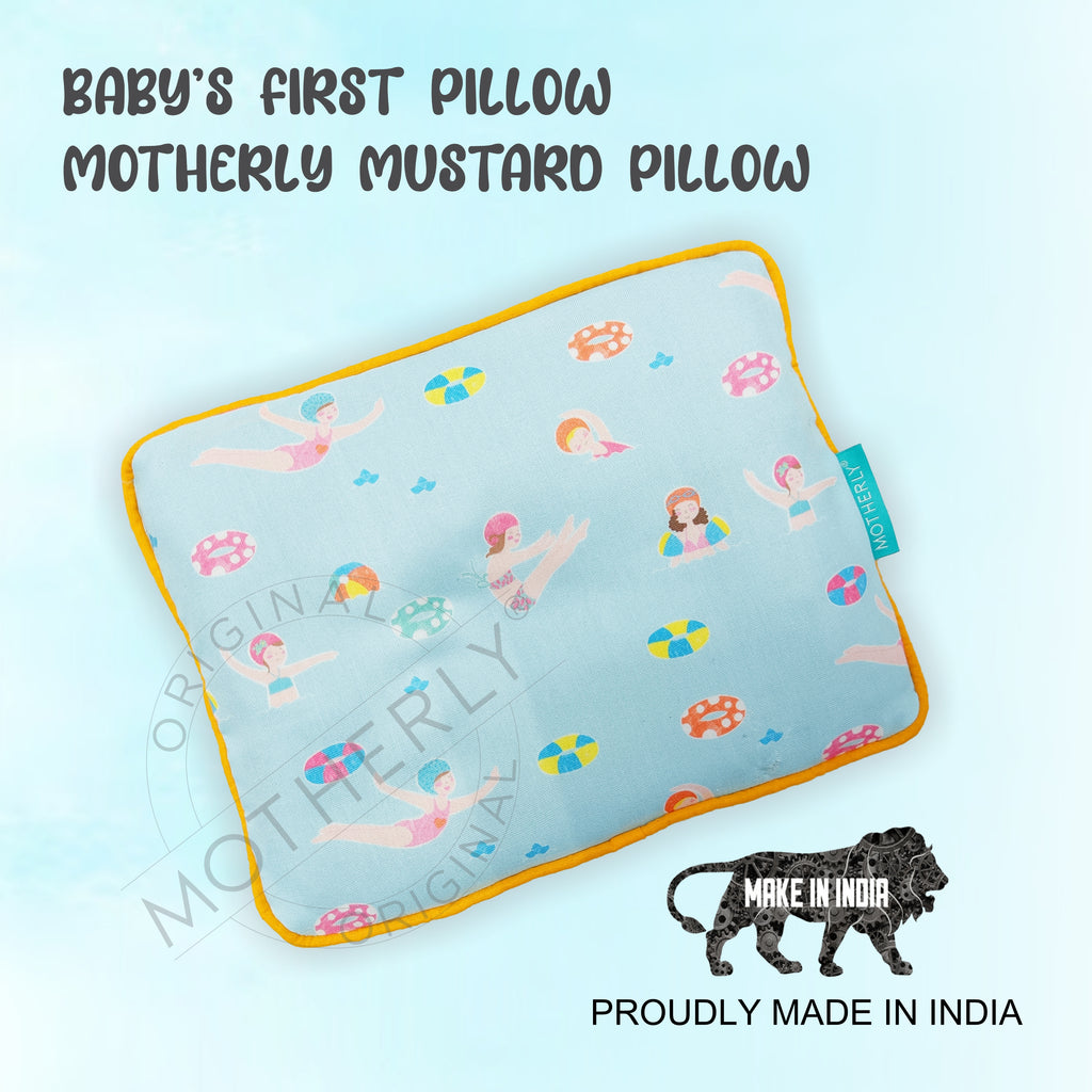 Motherly Mustard Seed Pillow for Newborns (0–12 Months) – Neem-Coated, Cotton Head Shaping Pillow for Gifting - Swimming