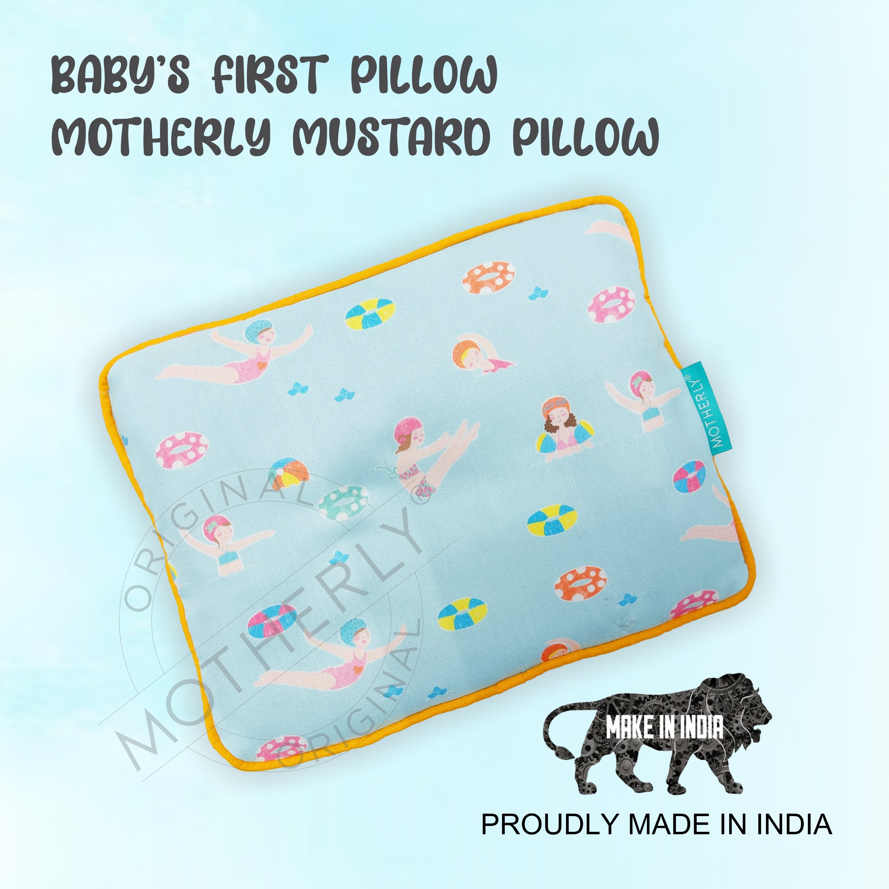 Motherly Mustard Seed Pillow for Newborns (0–12 Months) – Neem-Coated, Cotton Head Shaping Pillow for Gifting - Swimming