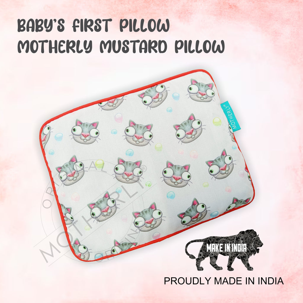 Motherly Mustard Seed Pillow for Newborns (0–12 Months) – Neem-Coated, Cotton Head Shaping Pillow for Gifting - Cat