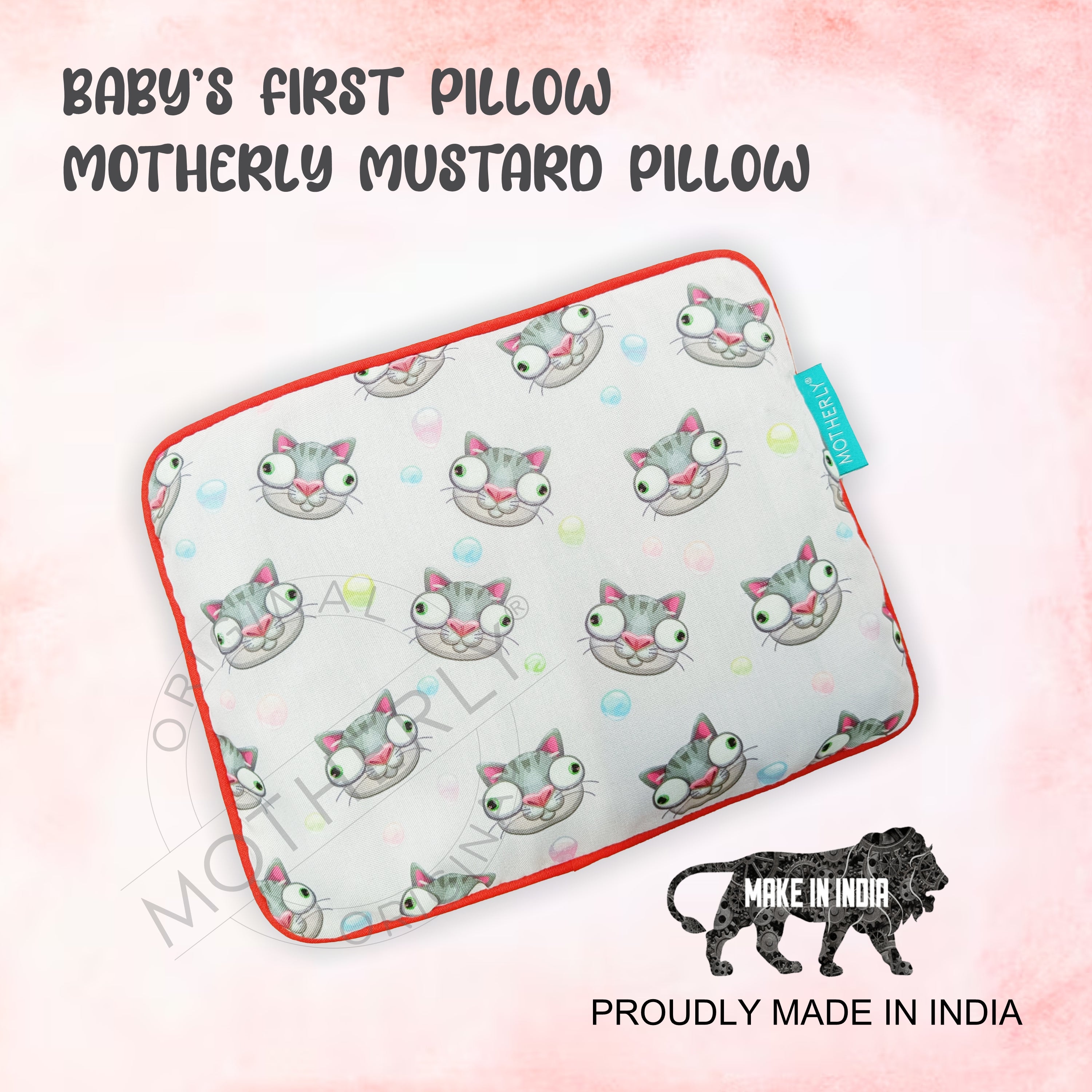Motherly Mustard Seed Pillow for Newborns (0–12 Months) – Neem-Coated, Cotton Head Shaping Pillow for Gifting - Cat