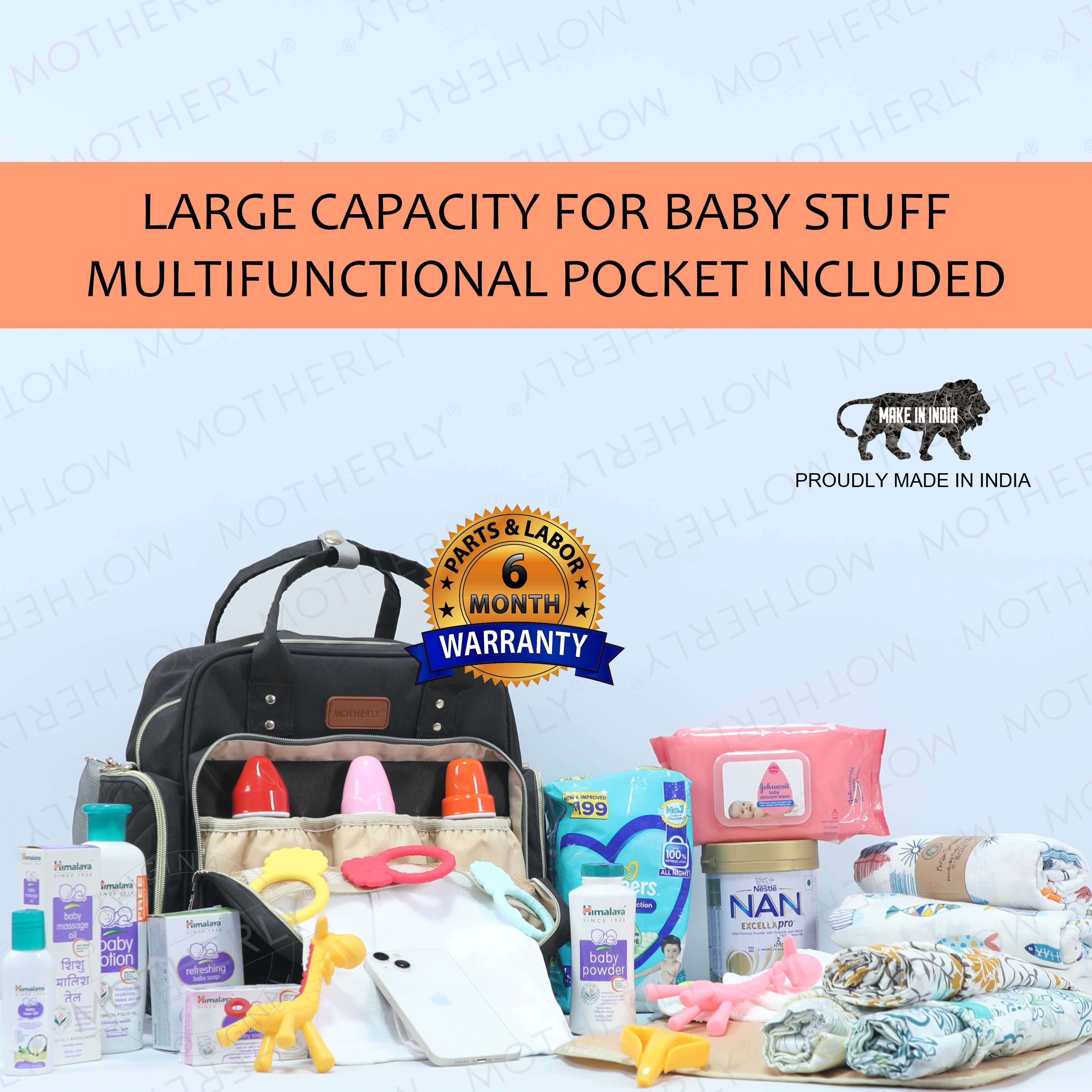 Motherly Diaper Quilted Diaper Bag for Mothers for Travel with Changing Mat - Spacious Diaper Bags for Mom | Baby Bag with Multi-Pocket Design | Maternity Bags for Mother and Baby - MOTHERLY