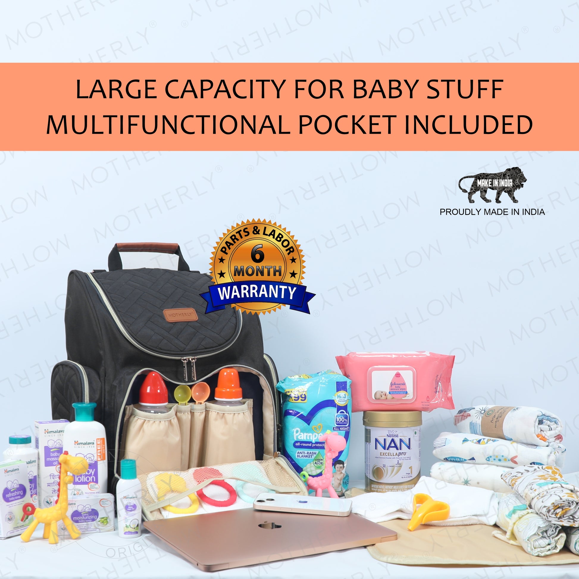 Motherly Diaper Quilted Diaper Bag for Mothers for Travel with Changing Mat - Spacious Diaper Bags for Mom | Baby Bag with Multi-Pocket Design | Maternity Bags for Mother and Baby - MOTHERLY