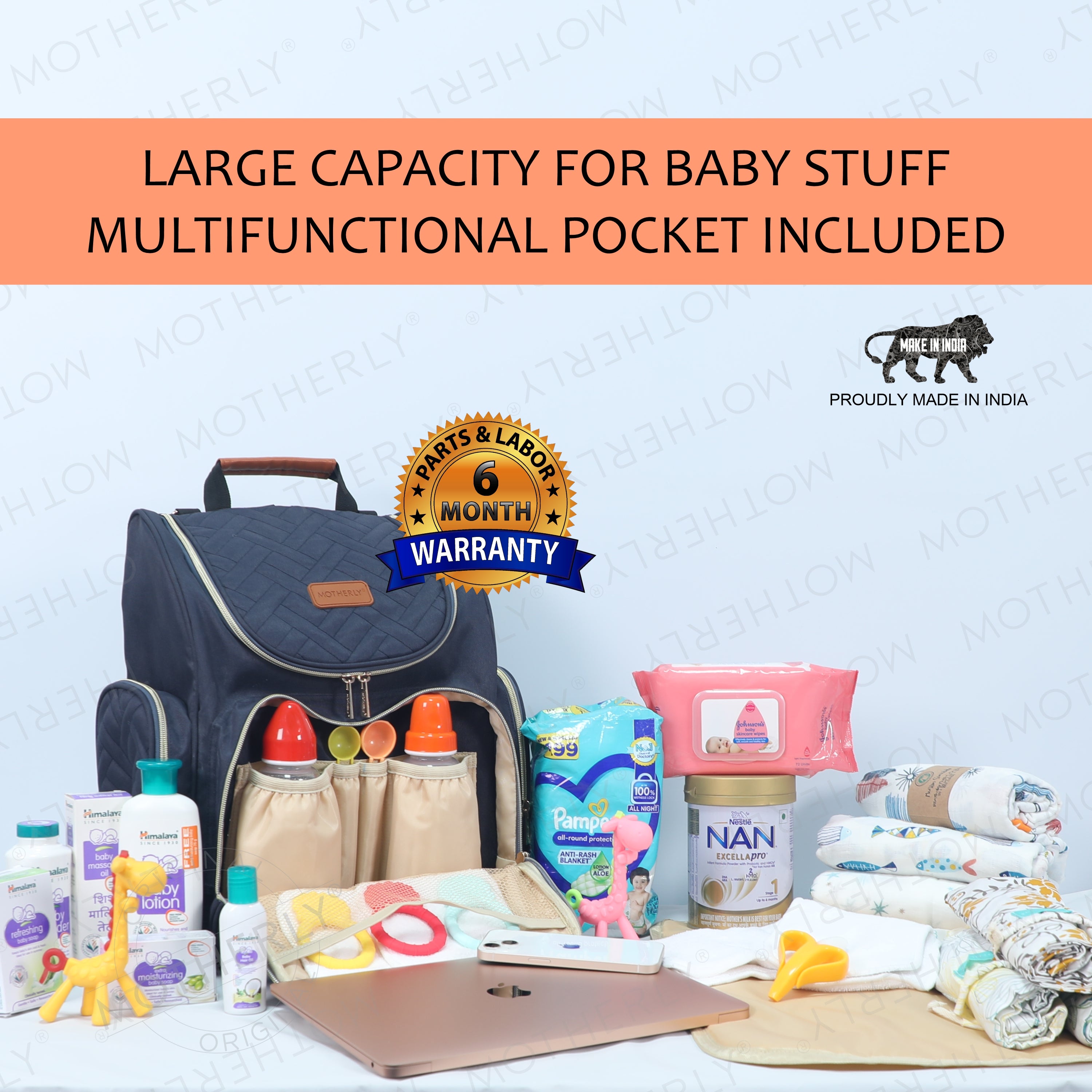 Motherly Diaper Quilted Diaper Bag for Mothers for Travel with Changing Mat - Spacious Diaper Bags for Mom | Baby Bag with Multi-Pocket Design | Maternity Bags for Mother and Baby - MOTHERLY