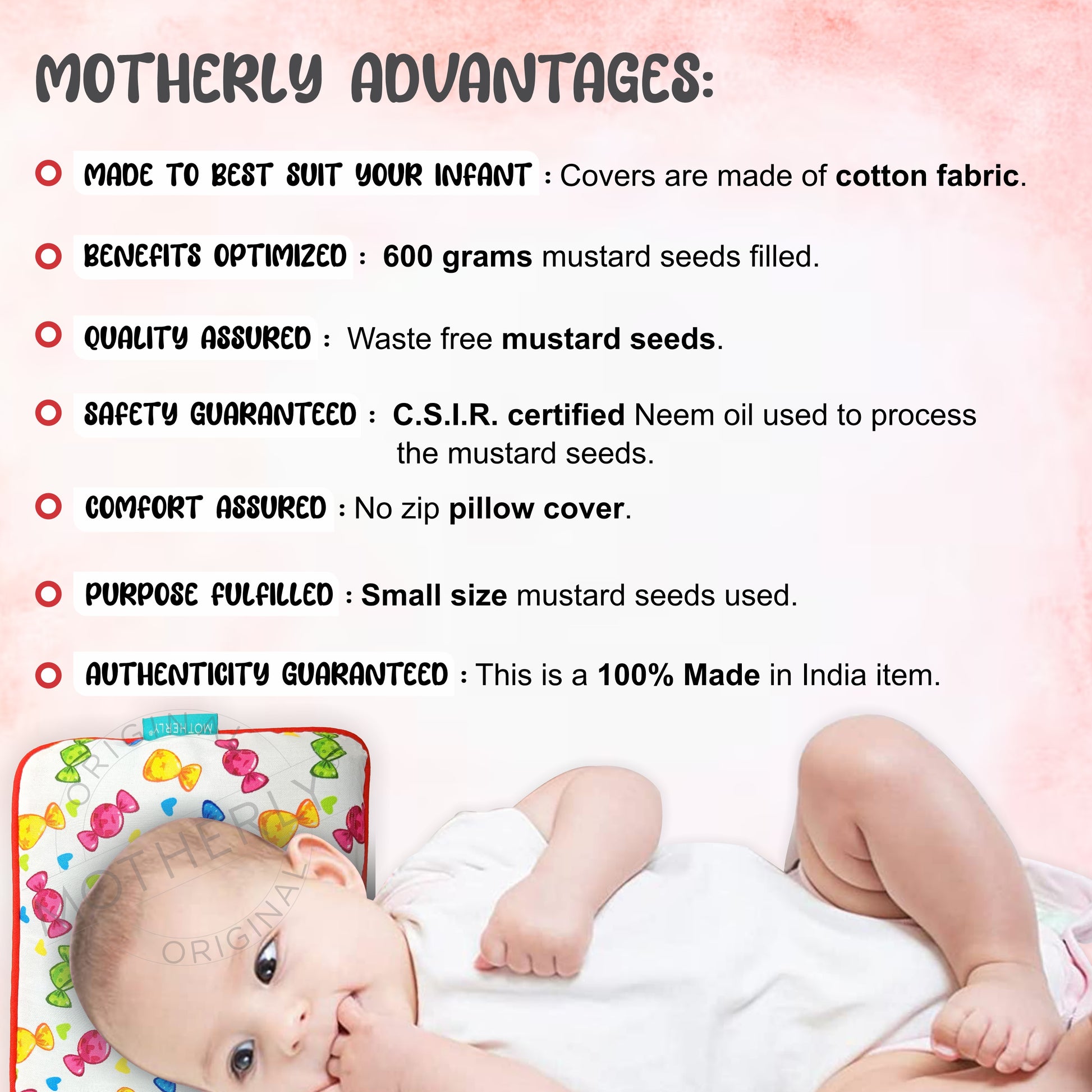 Motherly Mustard Seeds (Coated with Neem Oil) Pillow for Newborn Baby | Cotton Round Head Shaping Baby Pillow | Gifting 0-12 Months - MOTHERLY