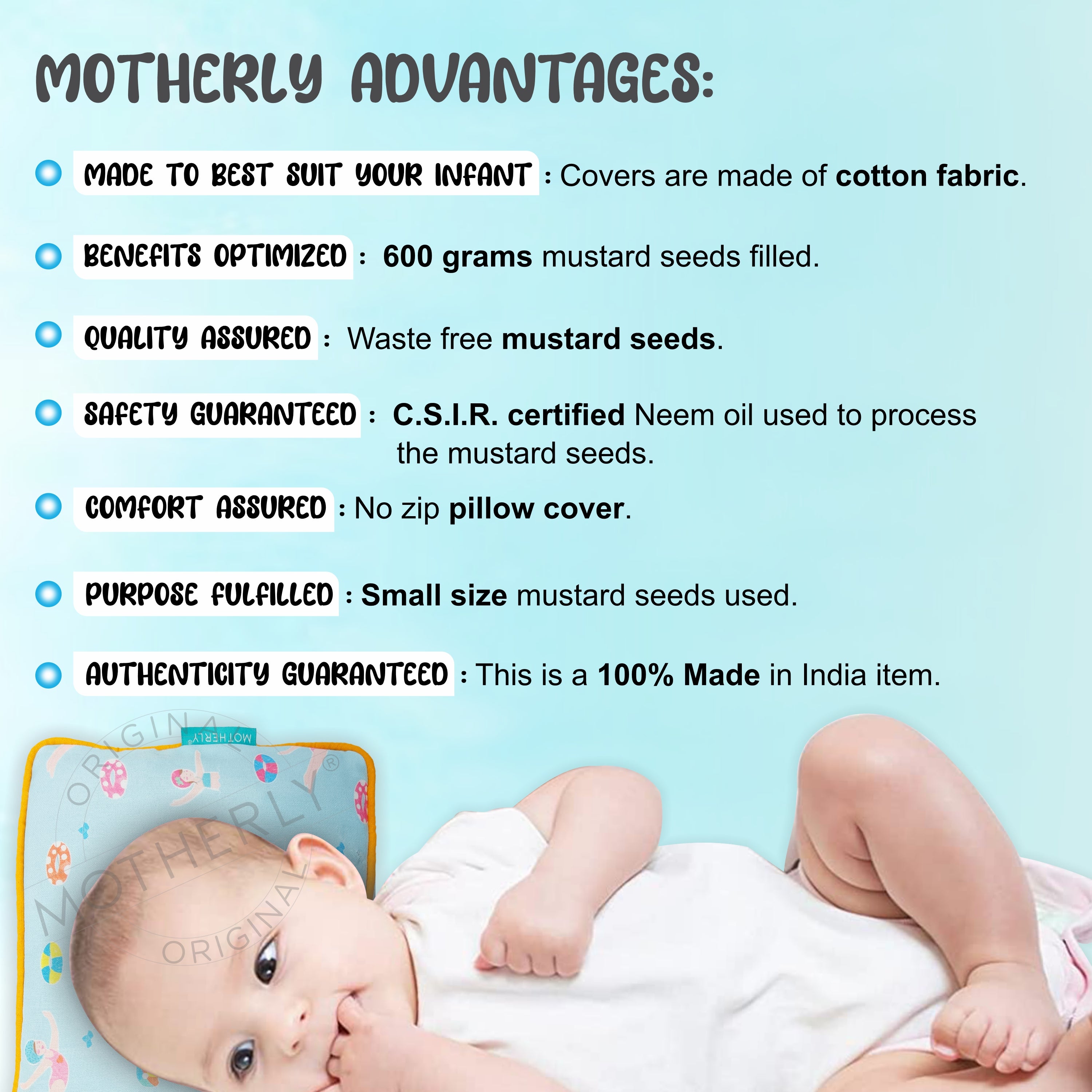 Motherly Mustard Seed Pillow for Newborns (0–12 Months) – Neem-Coated, Cotton Head Shaping Pillow for Gifting - Swimming