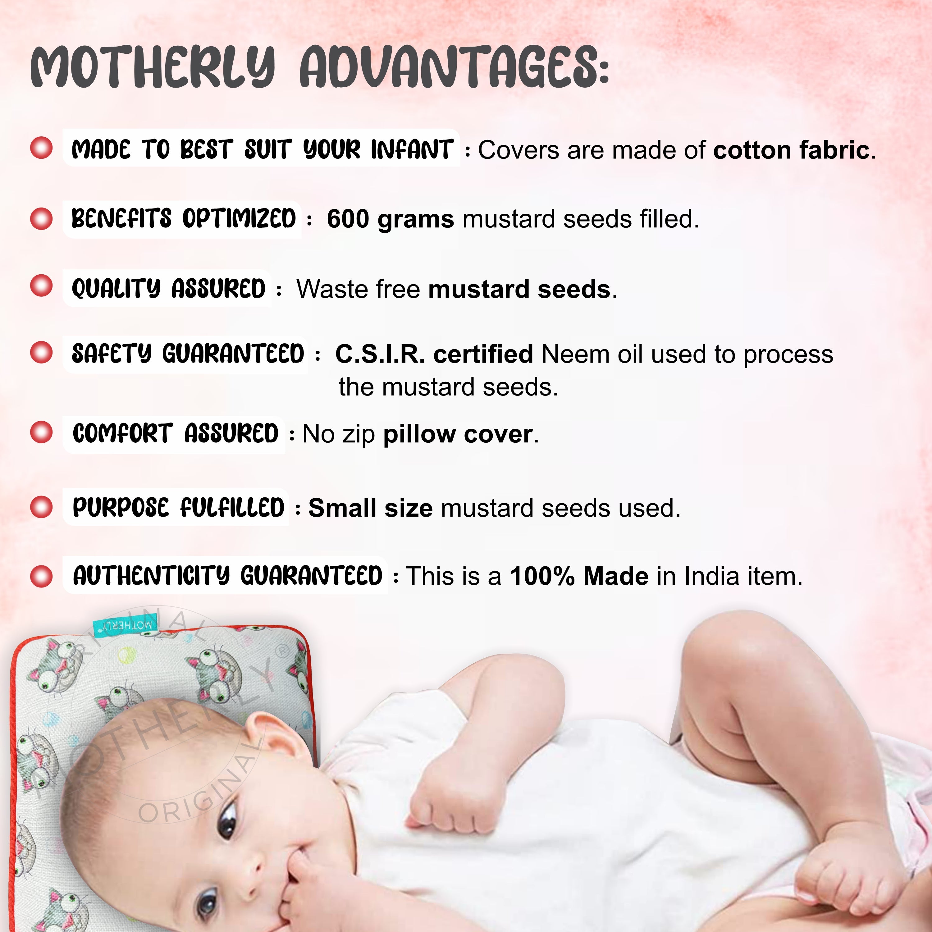Motherly Mustard Seed Pillow for Newborns (0–12 Months) – Neem-Coated, Cotton Head Shaping Pillow for Gifting - Cat