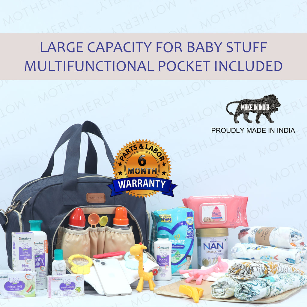 Motherly Diaper Quilted Diaper Bag for Mothers for Travel with Changing Mat - Spacious Diaper Bags for Mom | Baby Bag with Multi-Pocket Design | Maternity Bags for Mother and Baby (Navy Blue) - MOTHERLY