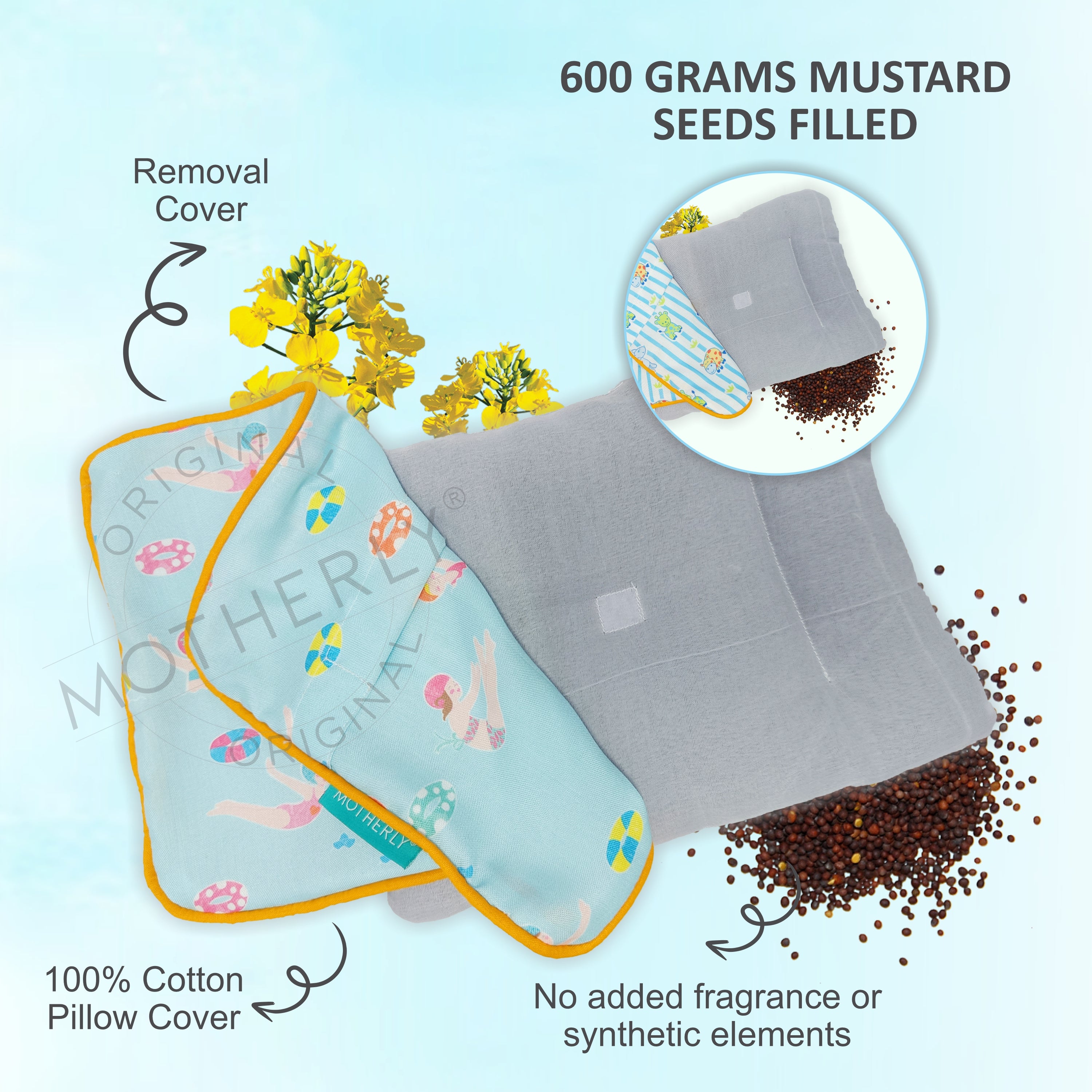 Motherly Mustard Seed Pillow for Newborns (0–12 Months) – Neem-Coated, Cotton Head Shaping Pillow for Gifting - Swimming