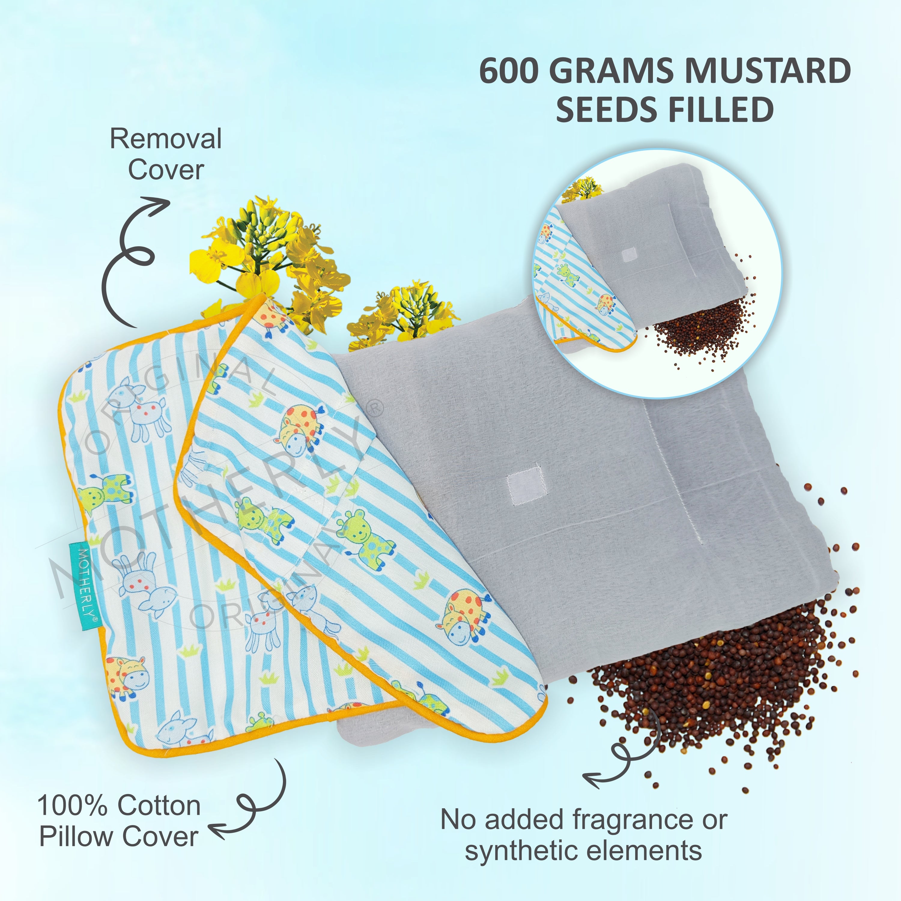 Motherly Mustard Seed Pillow for Newborns (0–12 Months) – Neem-Coated, Cotton Head Shaping Pillow for Gifting - Animal