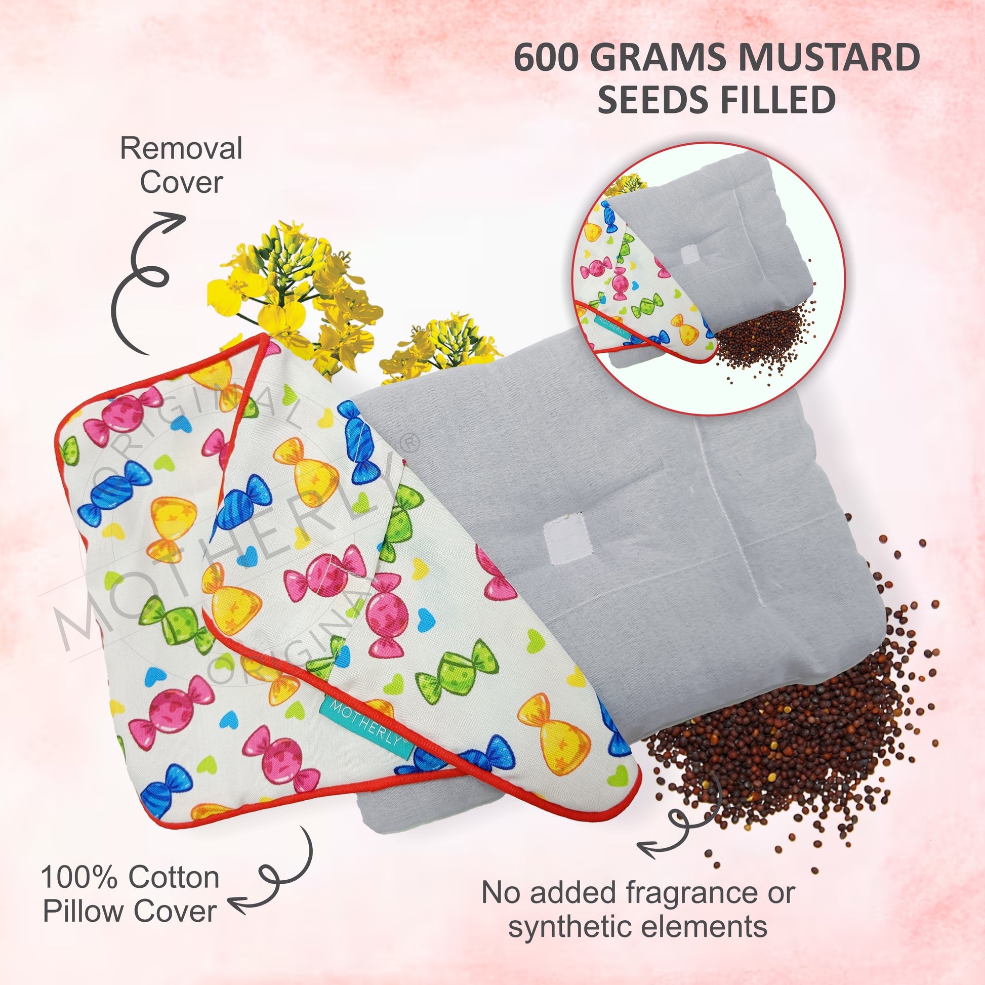 Motherly Mustard Seeds (Coated with Neem Oil) Pillow for Newborn Baby | Cotton Round Head Shaping Baby Pillow | Gifting 0-12 Months - MOTHERLY