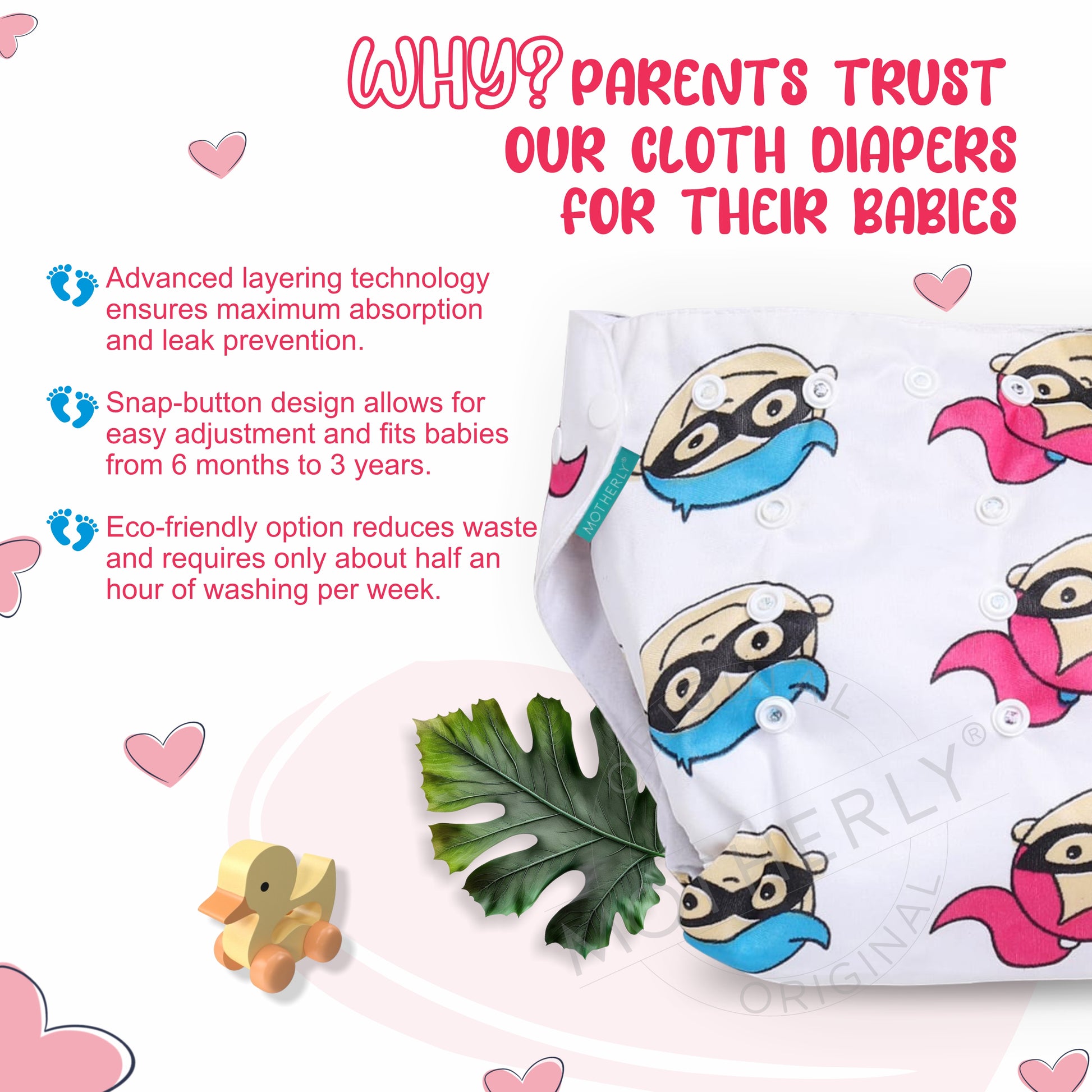 Motherly Newborn Baby Reusable Cloth Diapers, Infant Diaper Nappies Pack of 2 - MOTHERLY
