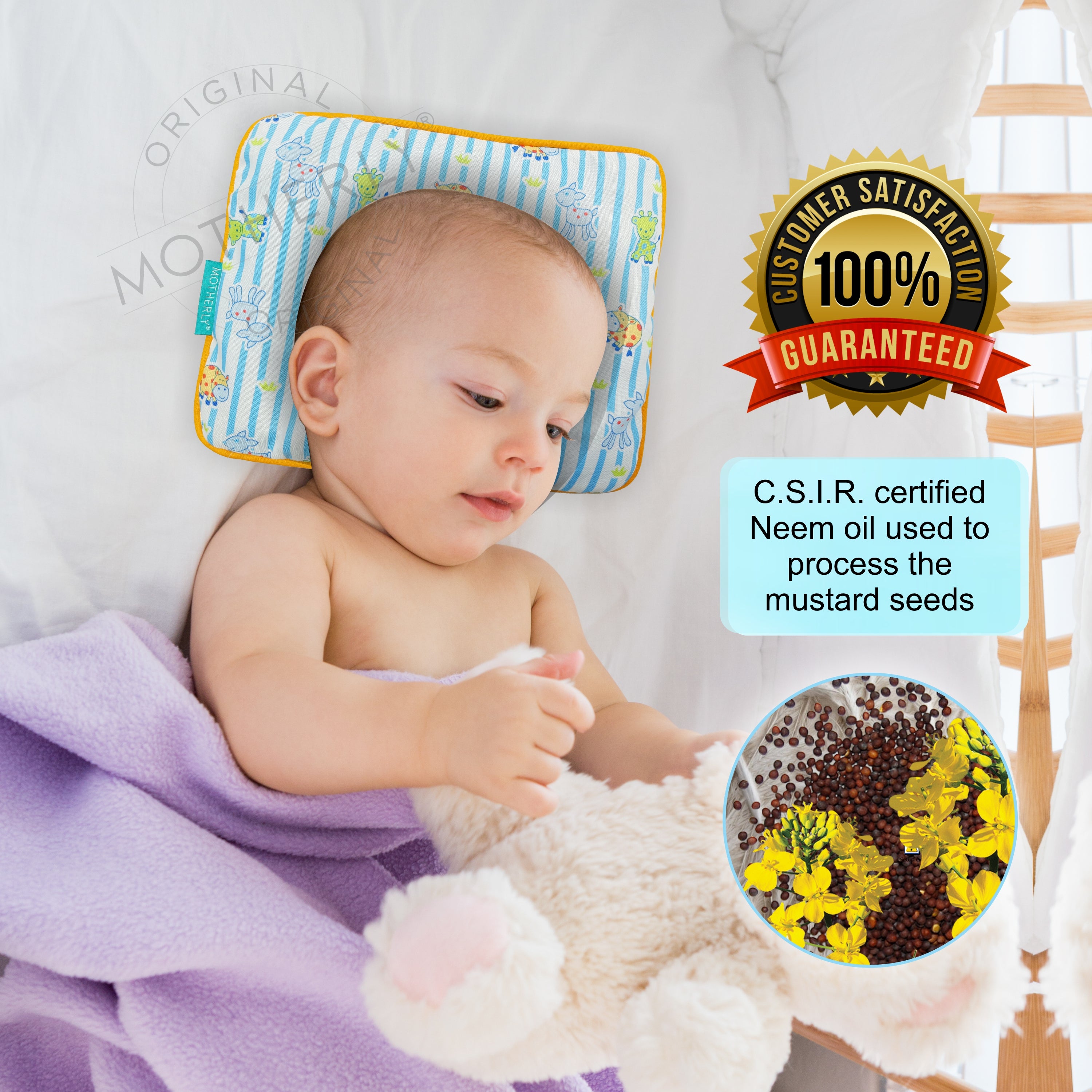 Motherly Mustard Seed Pillow for Newborns (0–12 Months) – Neem-Coated, Cotton Head Shaping Pillow for Gifting - Animal