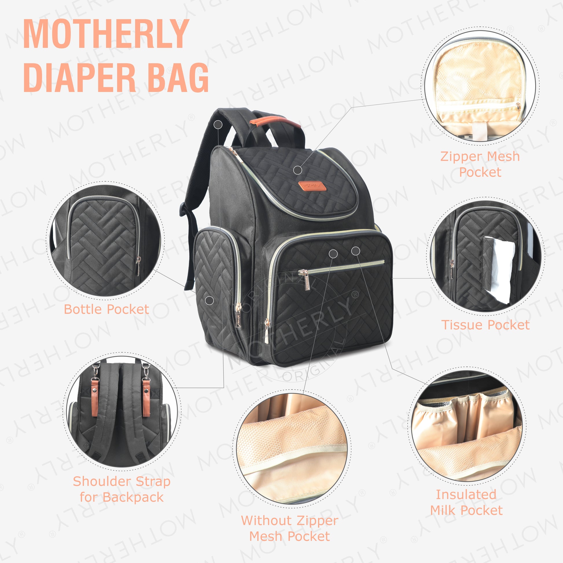 Motherly Diaper Quilted Diaper Bag for Mothers for Travel with Changing Mat - Spacious Diaper Bags for Mom | Baby Bag with Multi-Pocket Design | Maternity Bags for Mother and Baby - MOTHERLY