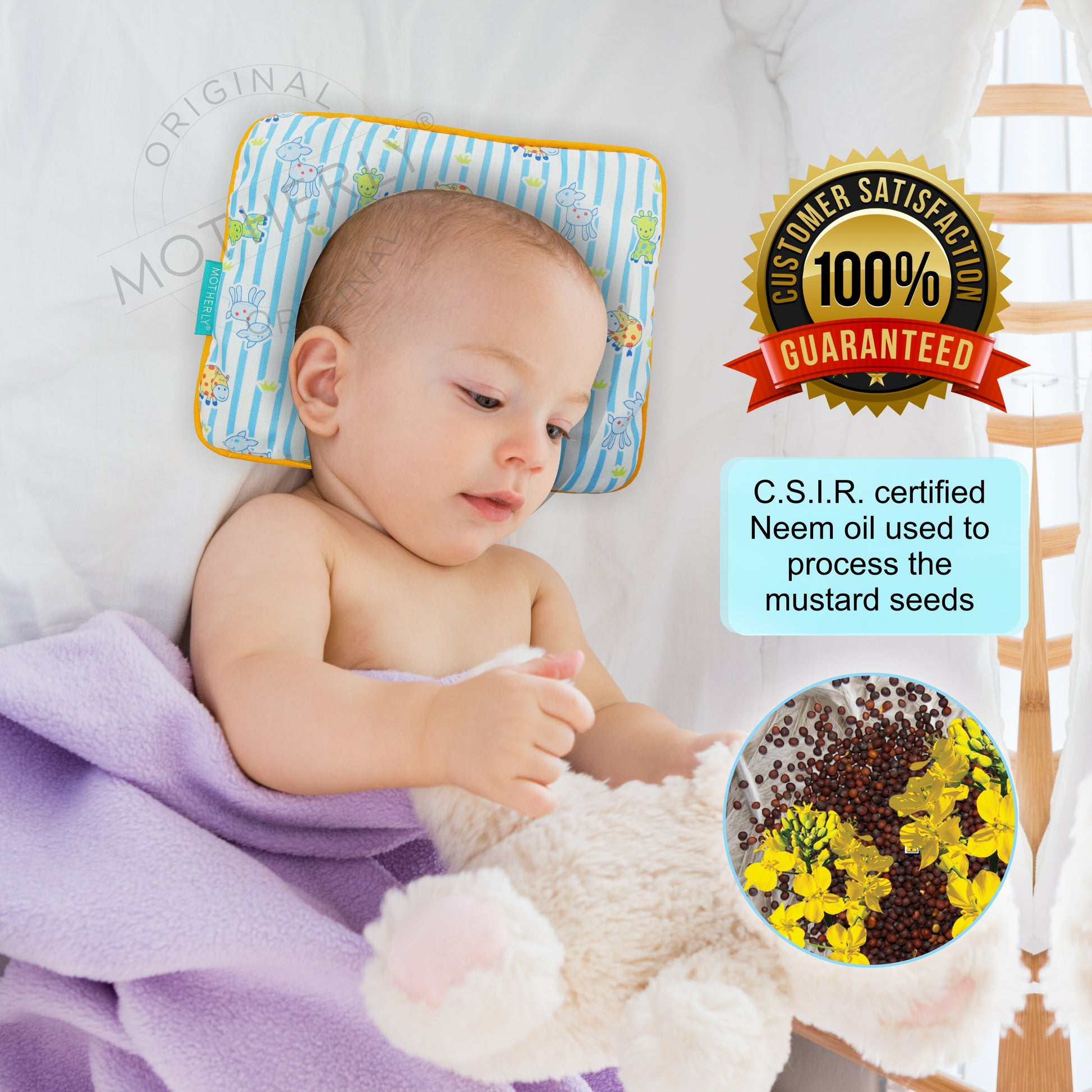Motherly Mustard Seeds (Coated with Neem Oil) Pillow for Newborn Baby | Cotton Round Head Shaping Baby Pillow | Gifting 0-12 Months - MOTHERLY