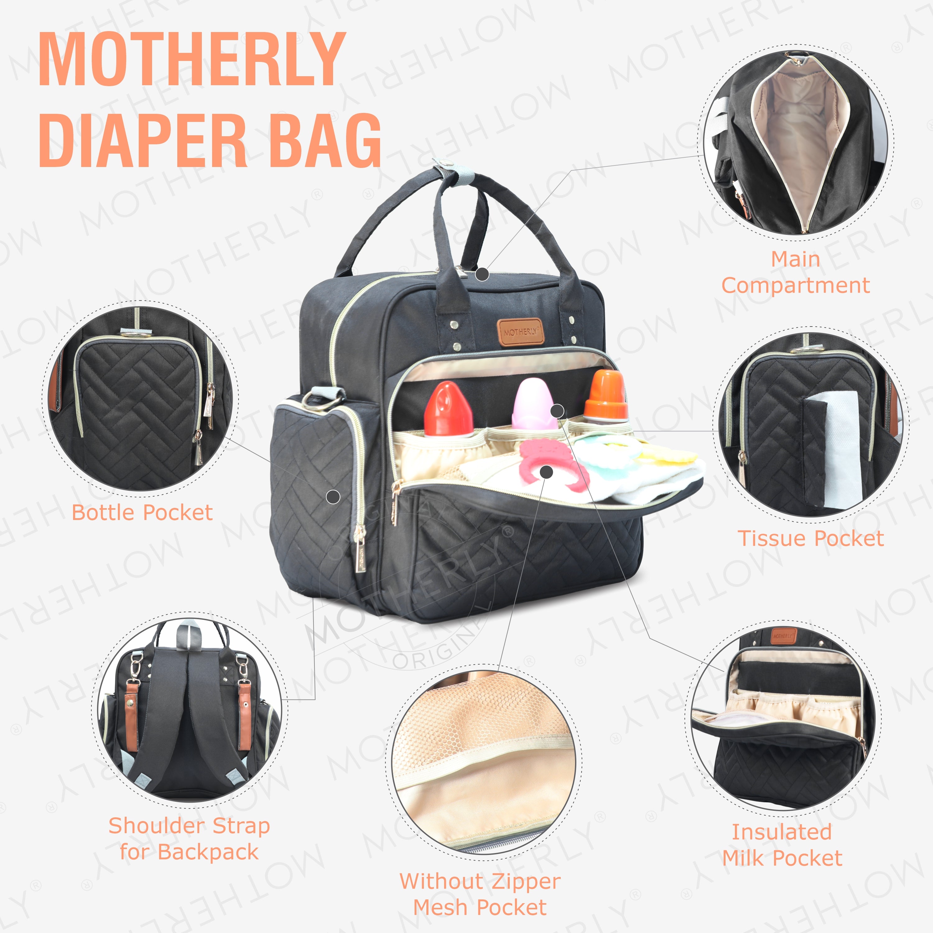 Motherly Diaper Quilted Diaper Bag for Mothers for Travel with Changing Mat - Spacious Diaper Bags for Mom | Baby Bag with Multi-Pocket Design | Maternity Bags for Mother and Baby - MOTHERLY