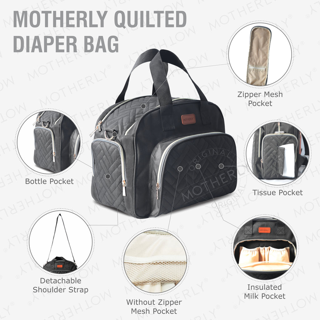 Motherly Diaper Quilted Diaper Bag for Mothers for Travel with Changing Mat - Spacious Diaper Bags for Mom | Baby Bag with Multi-Pocket Design | Maternity Bags for Mother and Baby (Navy Blue) - MOTHERLY