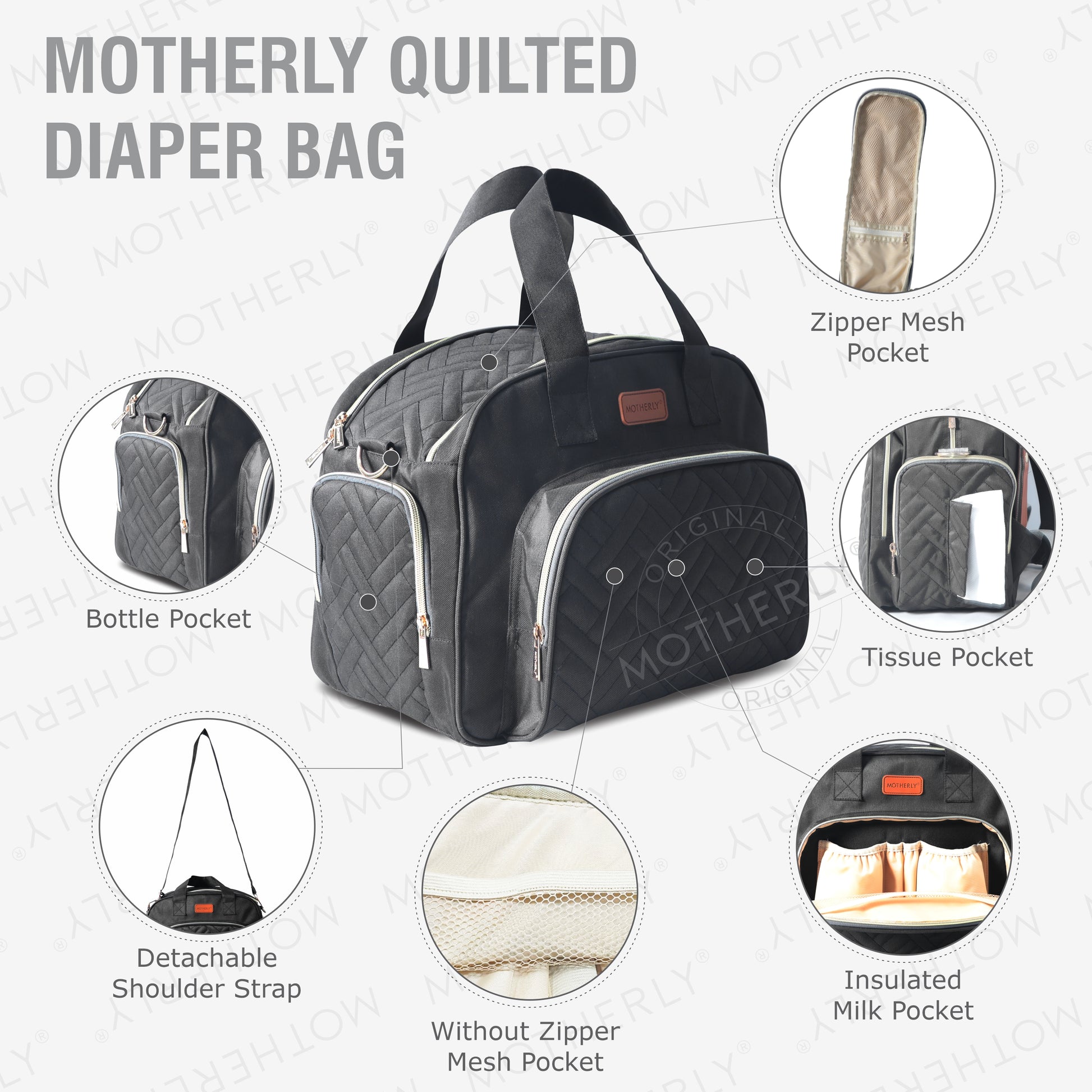 Motherly Diaper Quilted Diaper Bag for Mothers for Travel with Changing Mat - Spacious Diaper Bags for Mom | Baby Bag with Multi-Pocket Design | Maternity Bags for Mother and Baby (Navy Blue) - MOTHERLY