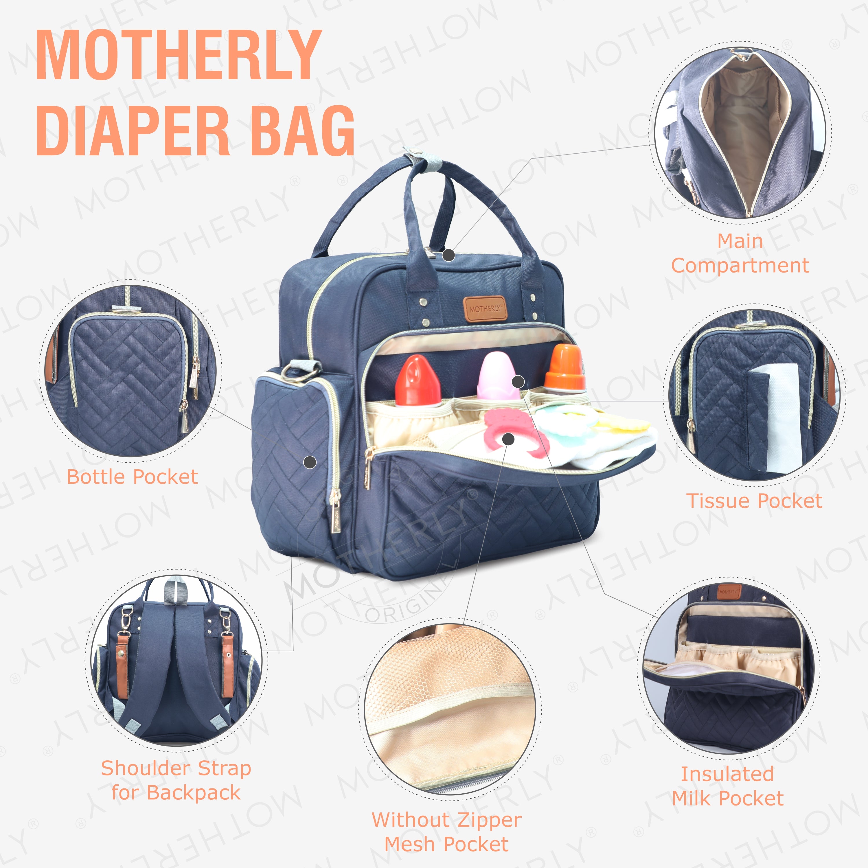 Motherly Diaper Quilted Diaper Bag for Mothers for Travel with Changing Mat - Spacious Diaper Bags for Mom | Baby Bag with Multi-Pocket Design | Maternity Bags for Mother and Baby - MOTHERLY