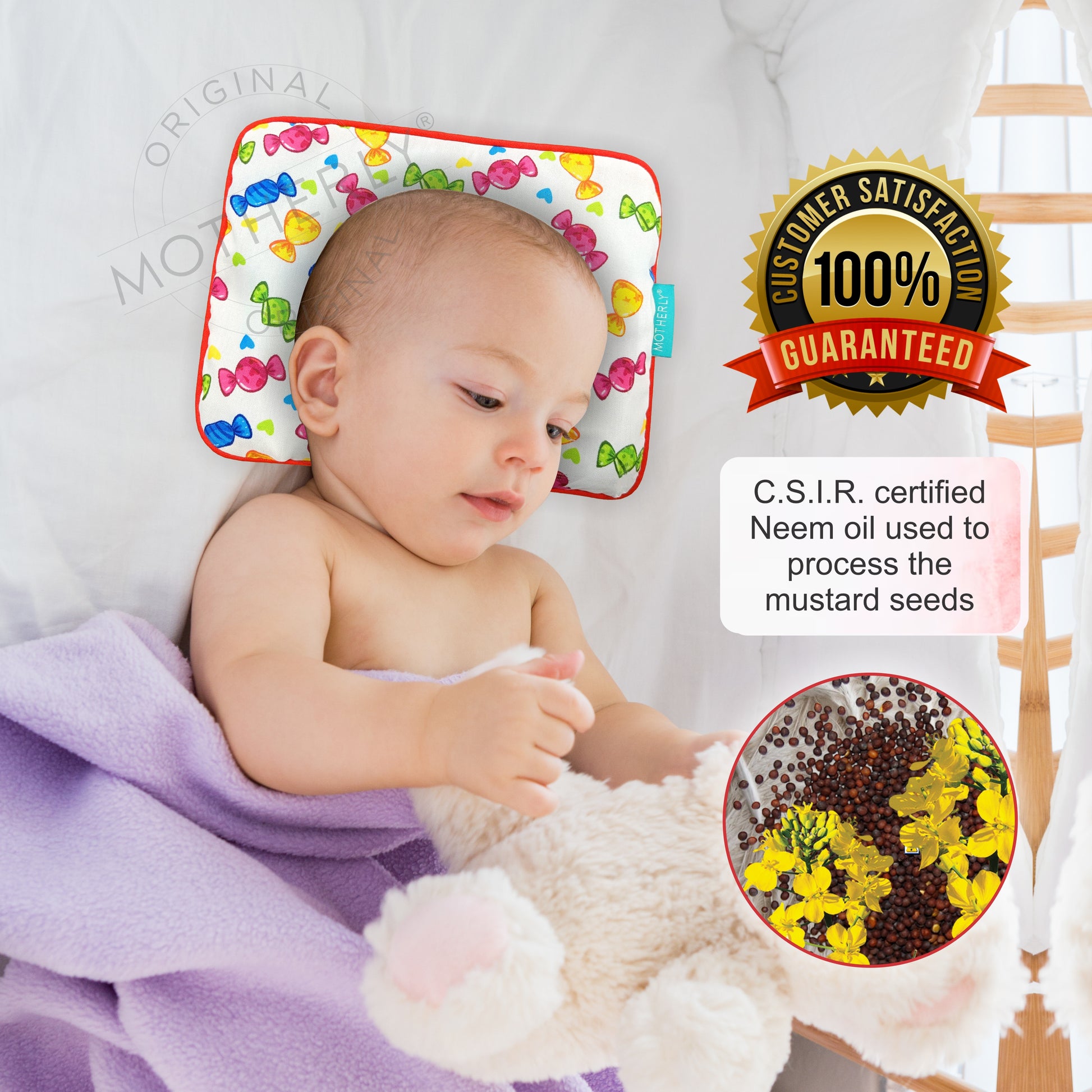 Motherly Mustard Seeds (Coated with Neem Oil) Pillow for Newborn Baby | Cotton Round Head Shaping Baby Pillow | Gifting 0-12 Months - MOTHERLY