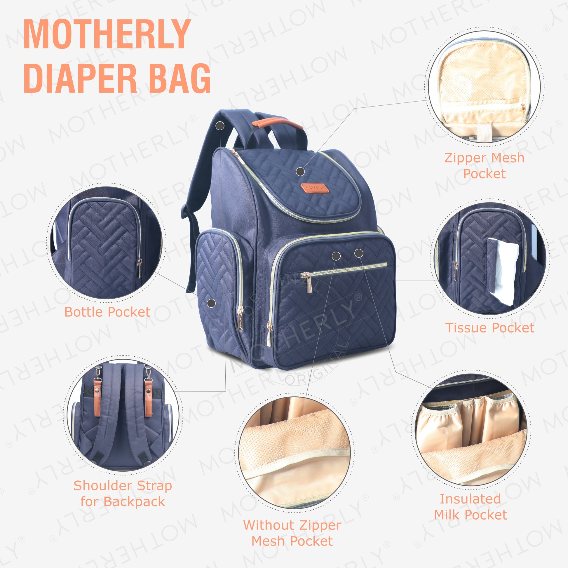 Motherly Diaper Quilted Diaper Bag for Mothers for Travel with Changing Mat - Spacious Diaper Bags for Mom | Baby Bag with Multi-Pocket Design | Maternity Bags for Mother and Baby - MOTHERLY