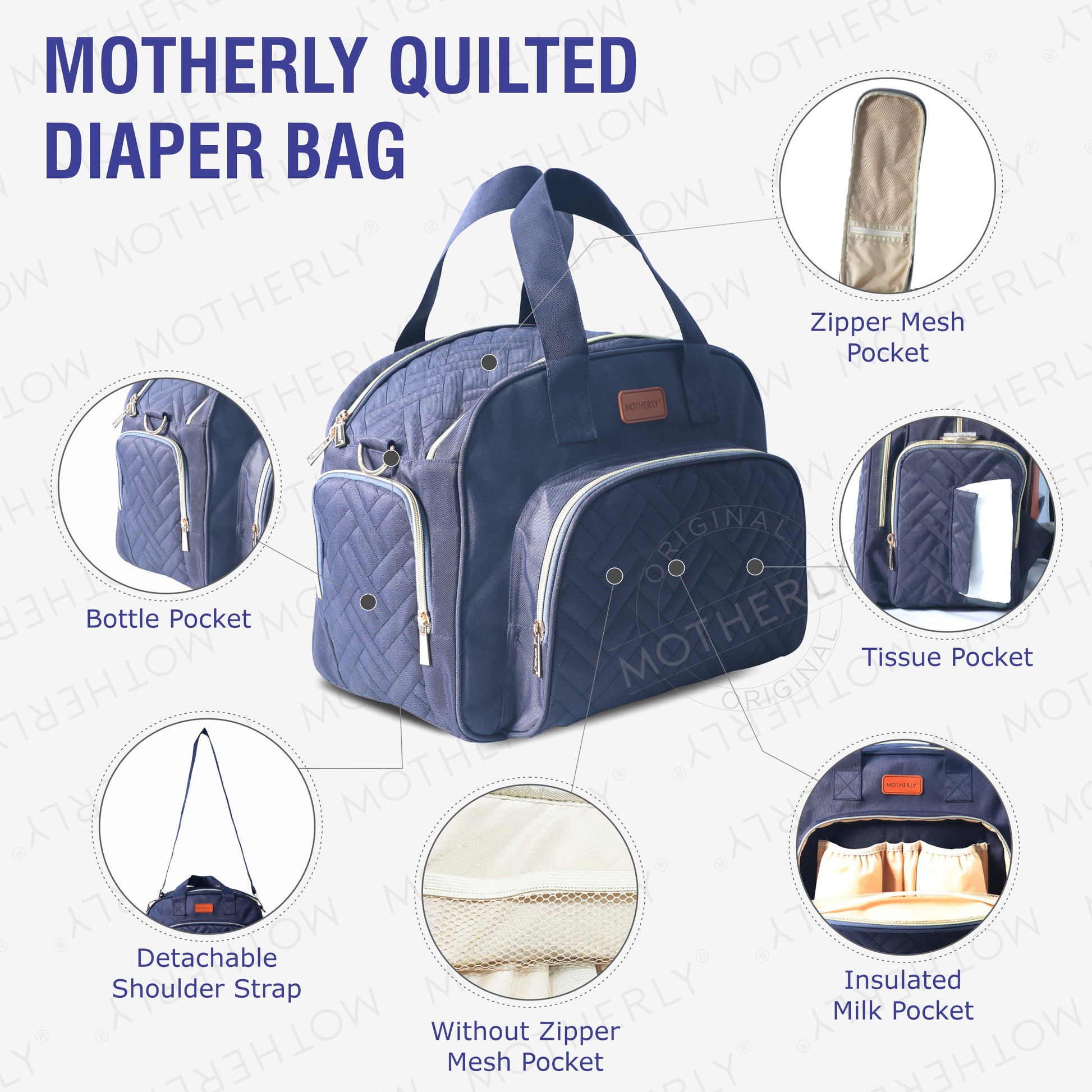 Motherly Diaper Quilted Diaper Bag for Mothers for Travel with Changing Mat - Spacious Diaper Bags for Mom | Baby Bag with Multi-Pocket Design | Maternity Bags for Mother and Baby (Navy Blue) - MOTHERLY