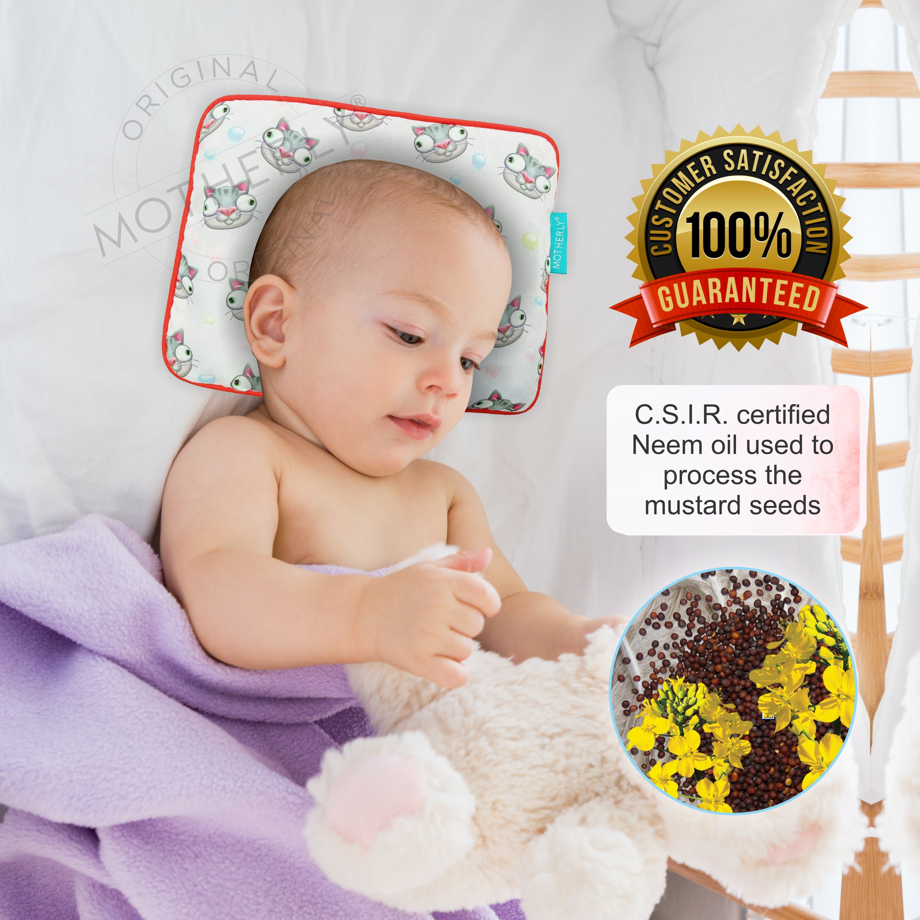 Motherly Mustard Seed Pillow for Newborns (0–12 Months) – Neem-Coated, Cotton Head Shaping Pillow for Gifting - Cat