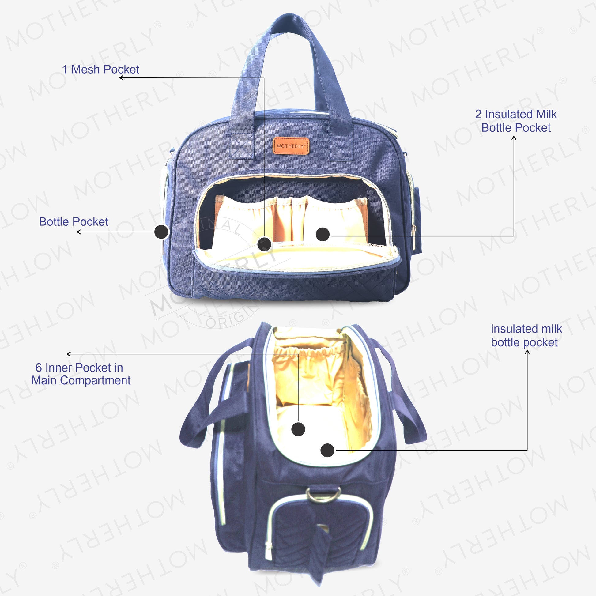 Motherly Diaper Quilted Diaper Bag for Mothers for Travel with Changing Mat - Spacious Diaper Bags for Mom | Baby Bag with Multi-Pocket Design | Maternity Bags for Mother and Baby (Navy Blue) - MOTHERLY
