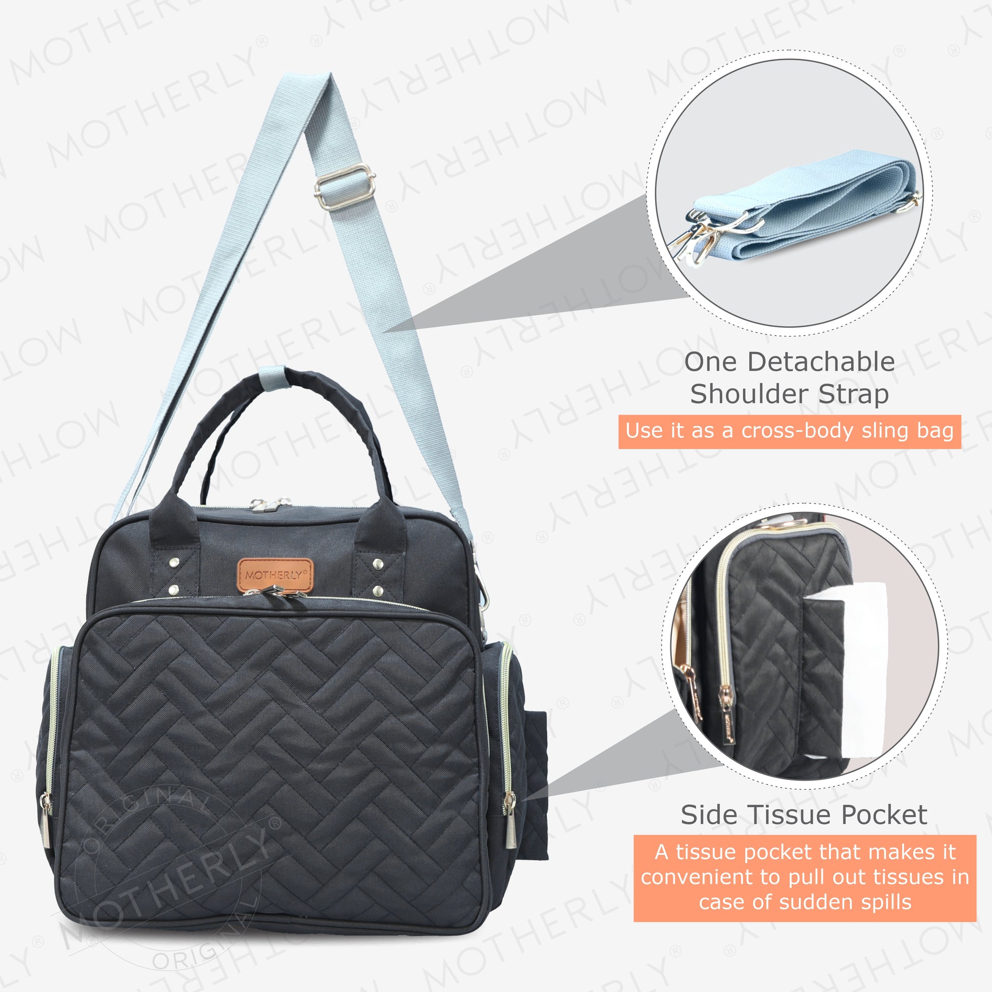 Motherly Diaper Quilted Diaper Bag for Mothers for Travel with Changing Mat - Spacious Diaper Bags for Mom | Baby Bag with Multi-Pocket Design | Maternity Bags for Mother and Baby - MOTHERLY