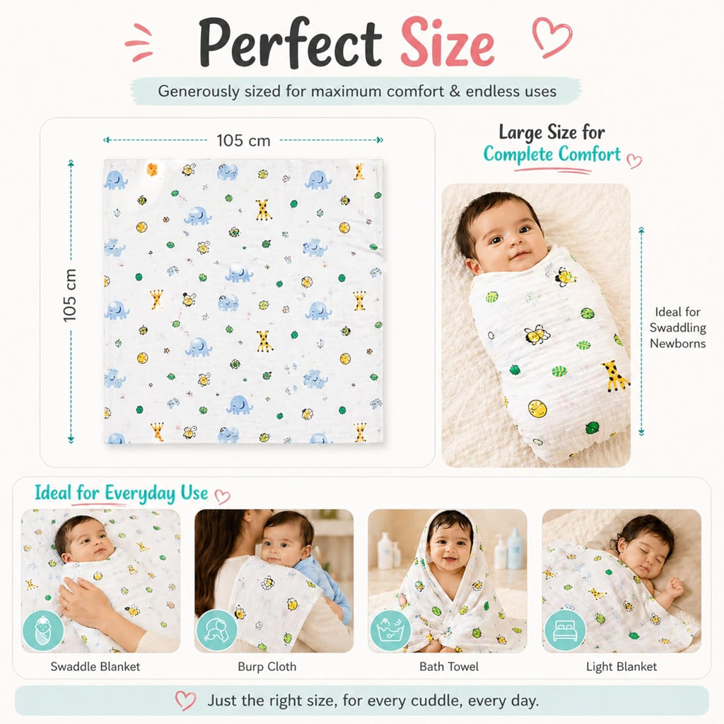 Motherly Muslin Swaddle Wrap & Burp Cloth – Soft, Breathable Blanket for Newborns (Pack of 2, Unisex Gift)