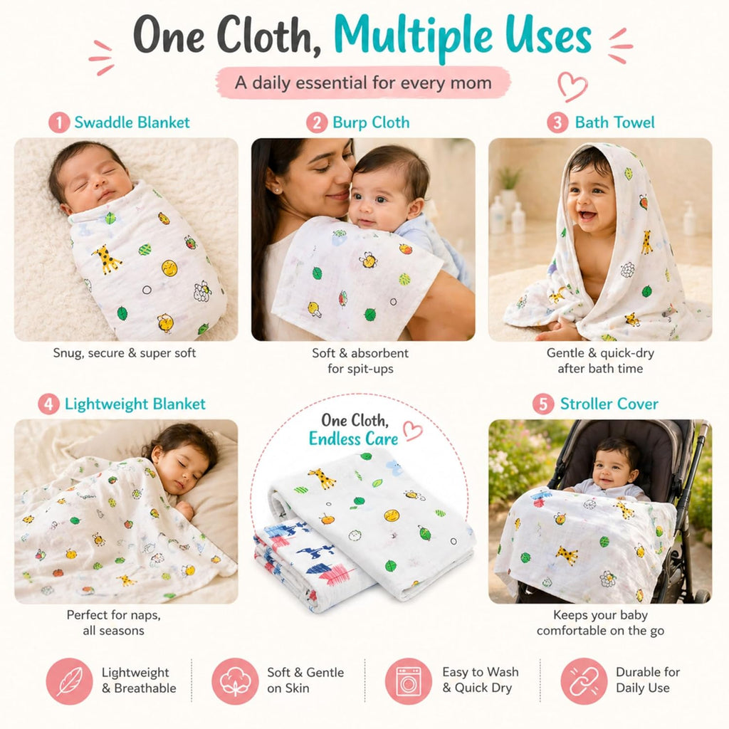 Motherly Muslin Swaddle Wrap & Burp Cloth – Soft, Breathable Blanket for Newborns (Pack of 2, Unisex Gift)