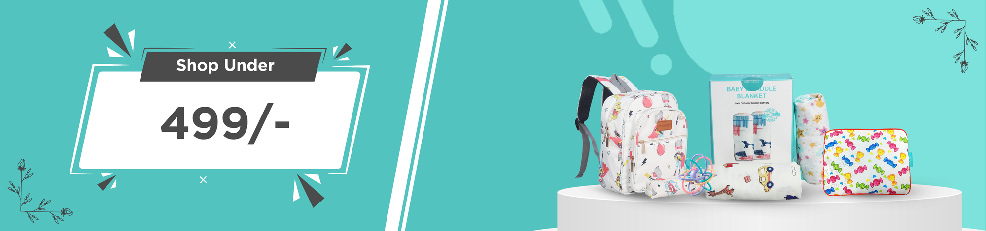 Product display with bags and a price tag on a teal background
