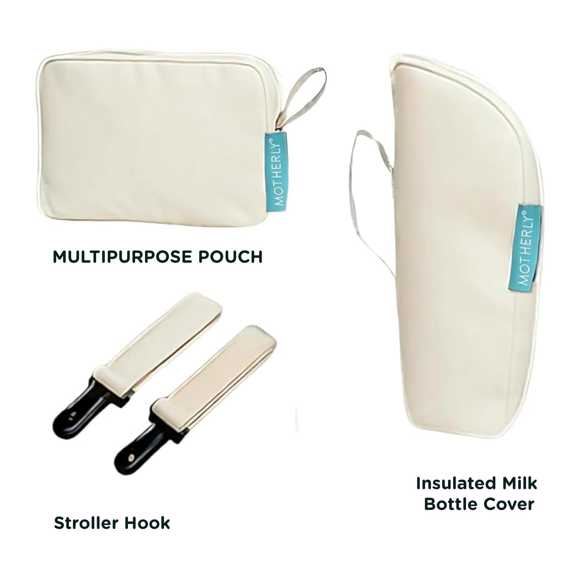 Motherly Diaper Bag Accessory Set – Pouch, Bottle Cover & Hooks