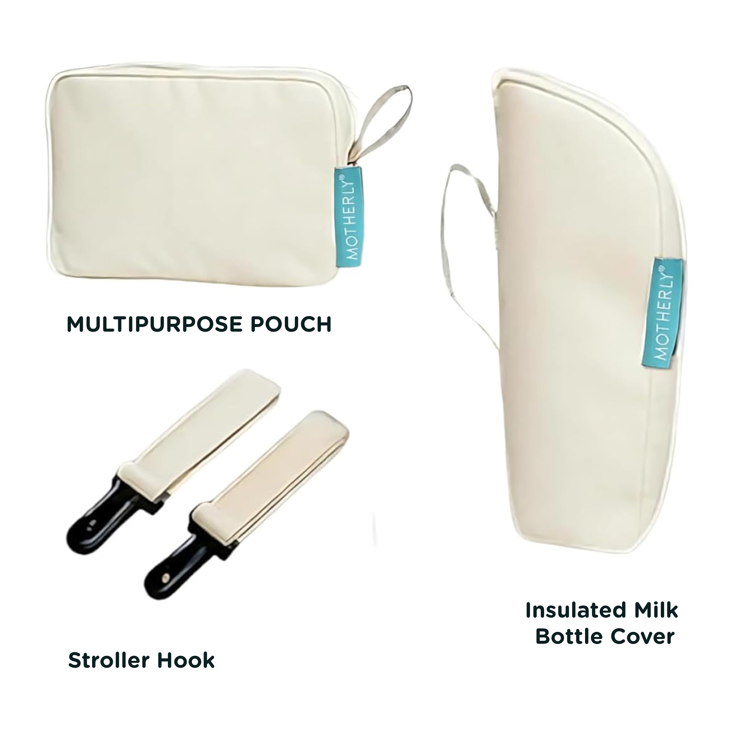 Motherly Diaper Bag Accessory Set – Pouch, Bottle Cover & Hooks
