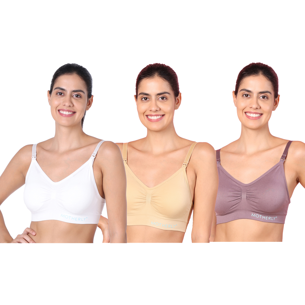 Motherly Maternity Bra Padded Breastfeeding Nursing Bras for Women with Removable Pads (Medium, Grey+ Bean Paste+ White) - MOTHERLY