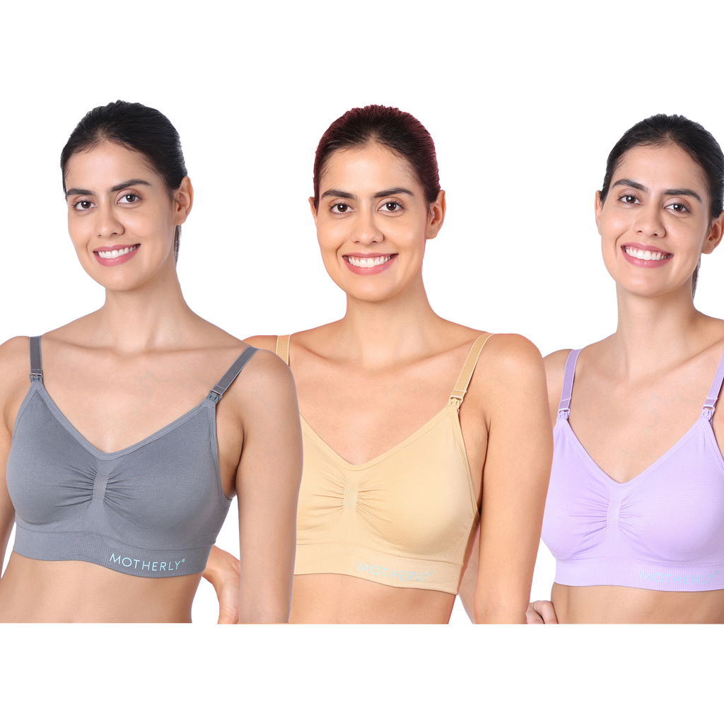 Motherly Maternity Bra Padded Breastfeeding Nursing Bras for Women with Removable Pads (Medium, Grey+ Bean Paste+ White) - MOTHERLY