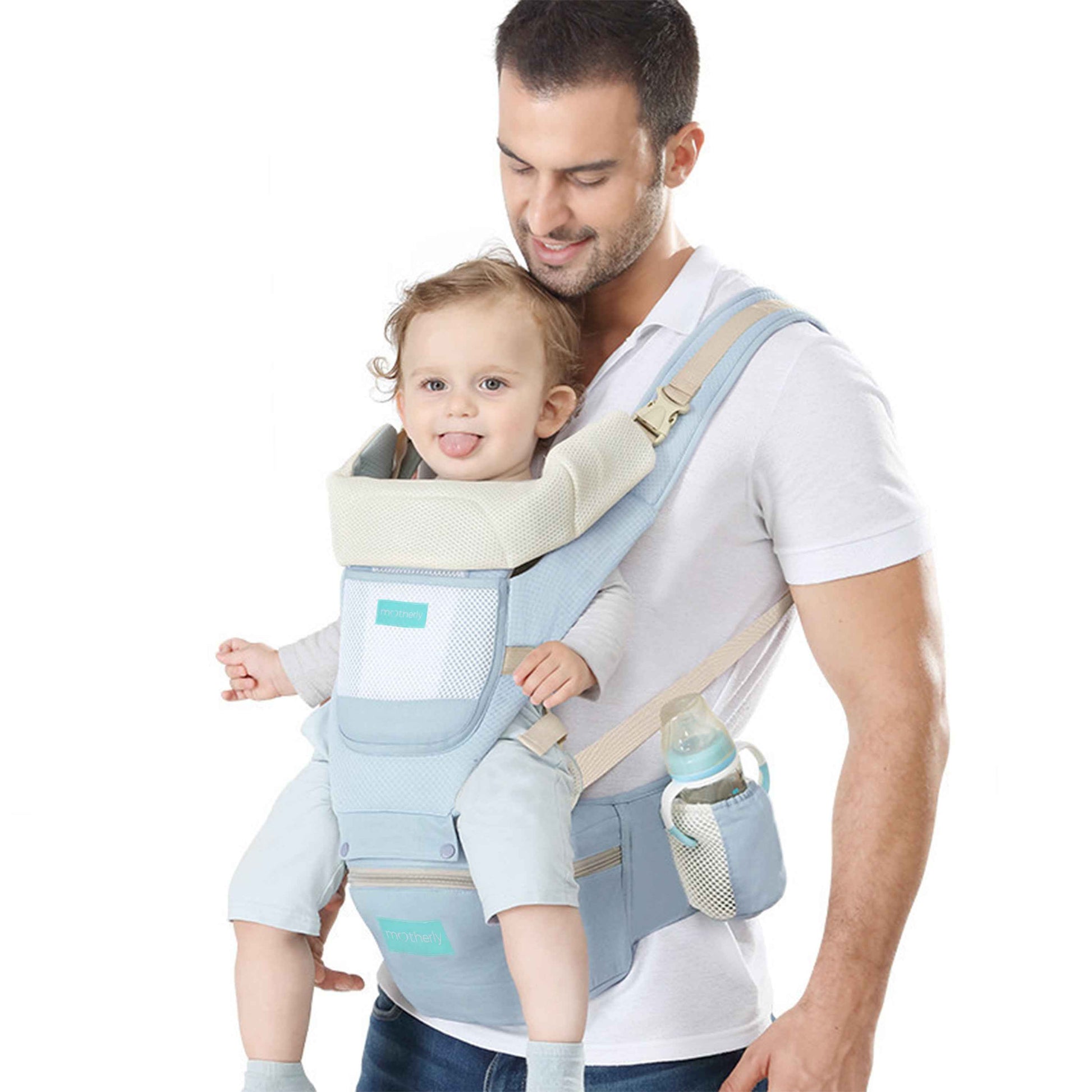 Motherly Baby Carrier for 0 to 3 Year Baby – Adjustable Hands Free 6-in-1 Baby Carrier with Detachable Hip Seat | baby carrier for new born |  Toddler Carrier with Head Support & Buckle Strap for Hiking & Everyday Use (Blue)