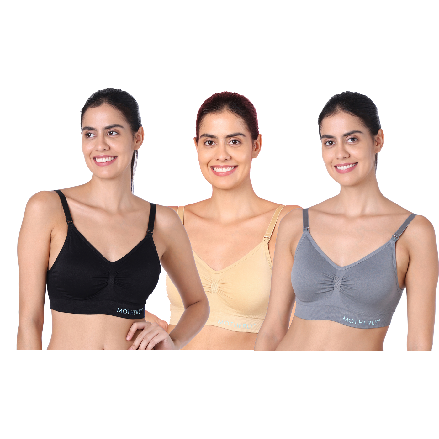 Motherly Maternity Bra Padded Breastfeeding Nursing Bras for Women with Removable Pads (Medium, Grey+ Bean Paste+ White) - MOTHERLY